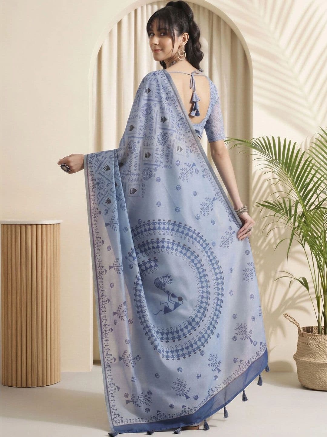 Sangria Warli Linen Blend Designer Block Print Saree thumbnail 5