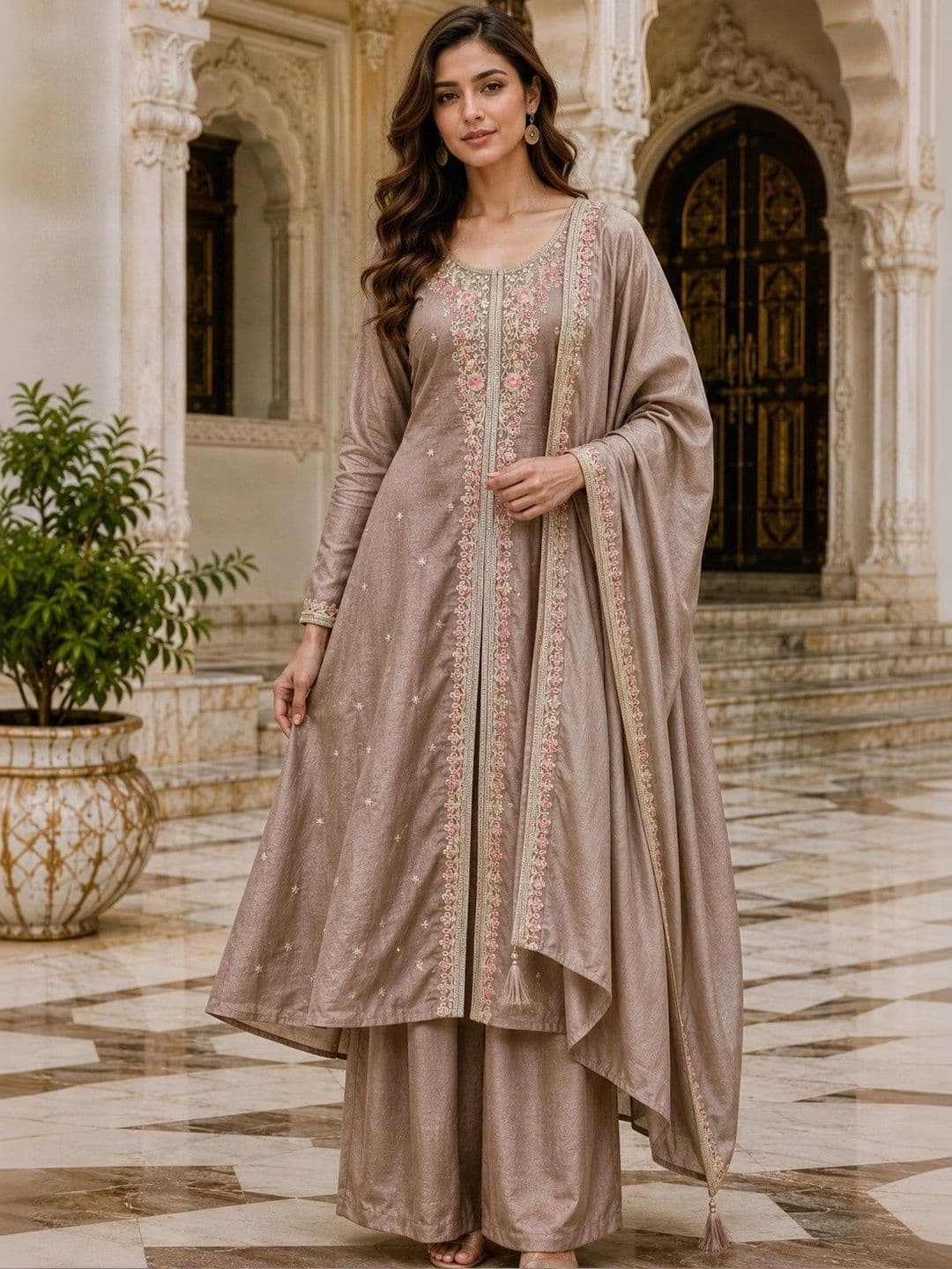 NEEL ETHNICS Women Ethnic Motifs Embroidered Regular Thread Work Pure Silk Kurta with Palazzos & With Dupatta - view 1