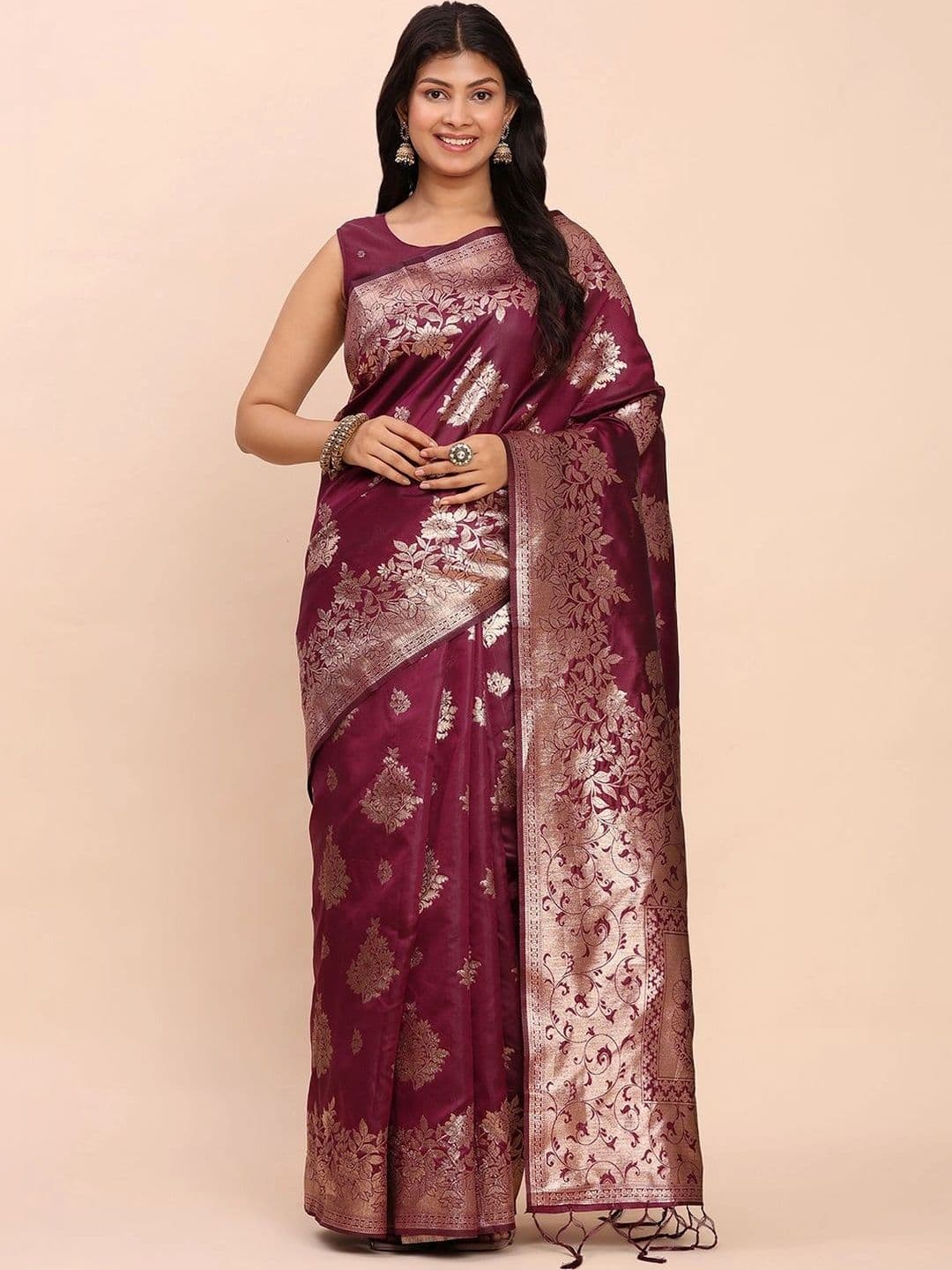 Mitera Floral Zari Silk Blend Banarasi Saree - view 1
