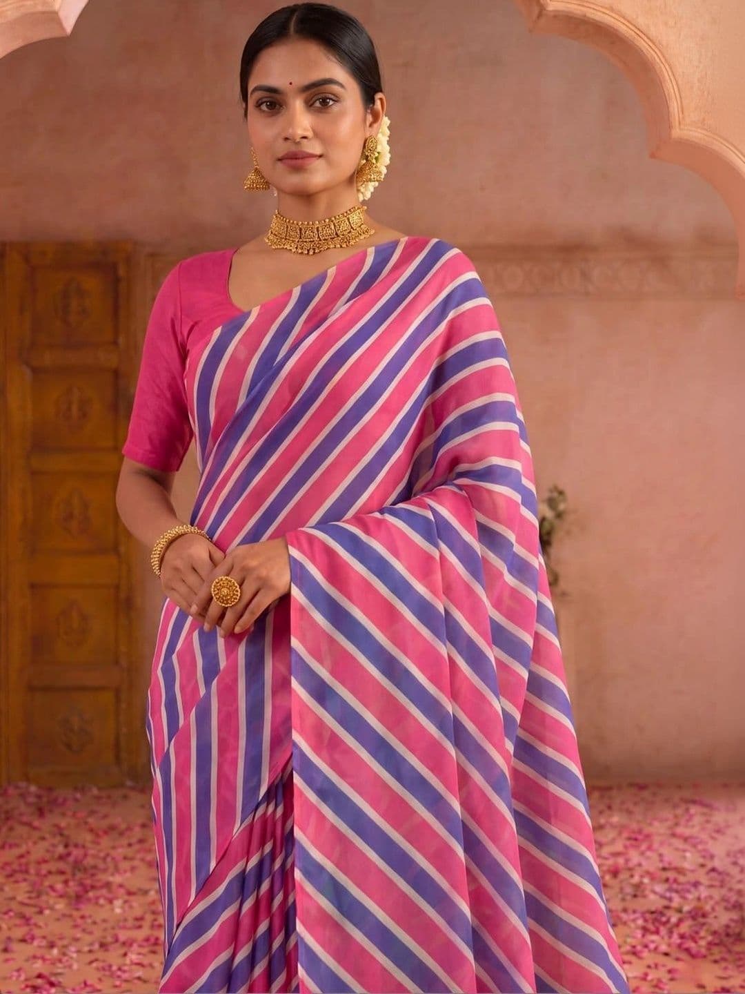 SAMANTHA Striped Poly Georgette Leheriya Saree thumbnail 7