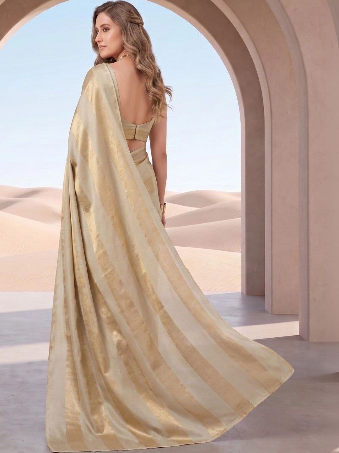 House of Vived Striped Zari Silk Blend Designer Saree thumbnail 3