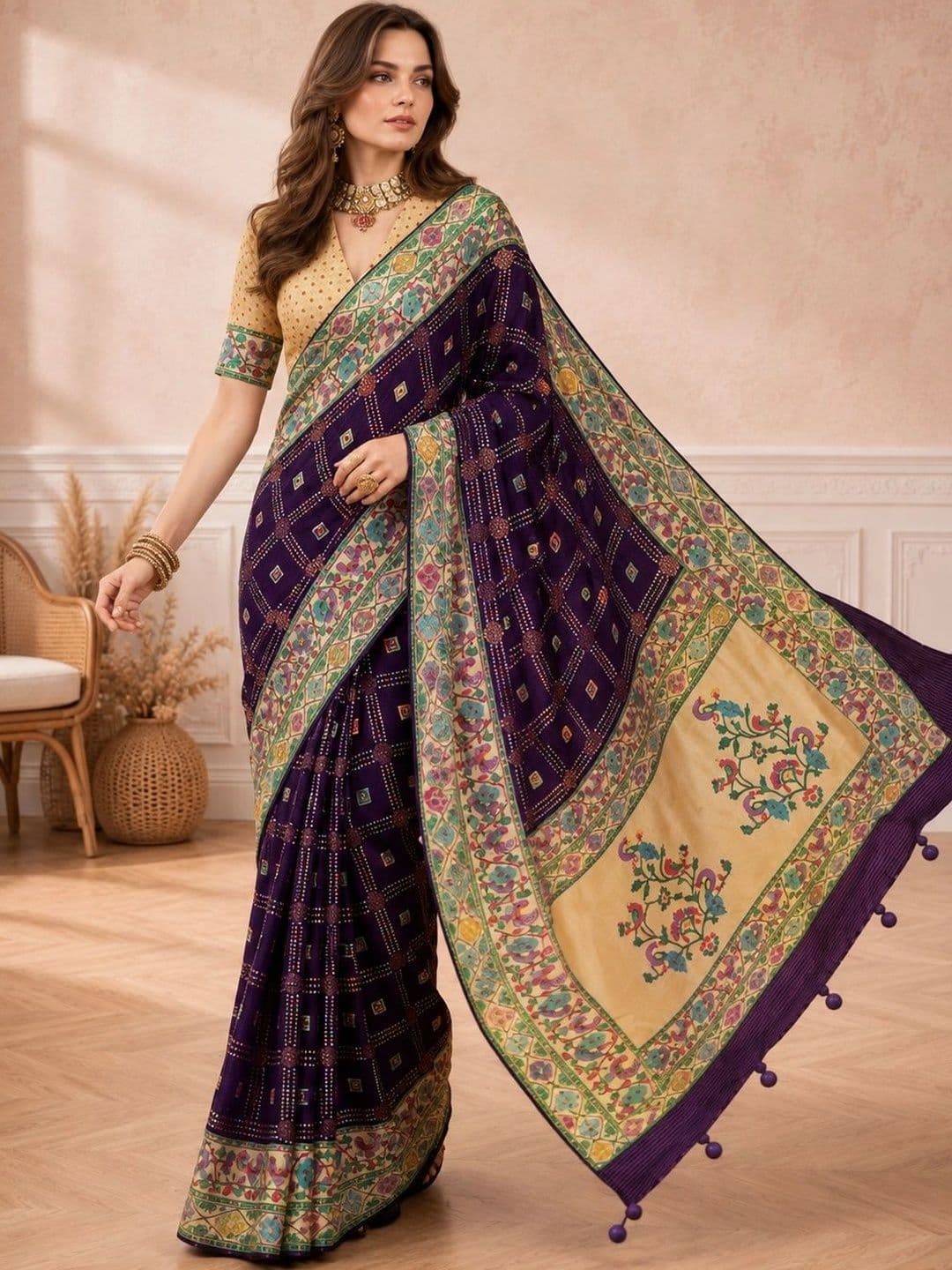 all about you Bandhani Embroidered Silk Blend Designer Paithani Saree thumbnail 5
