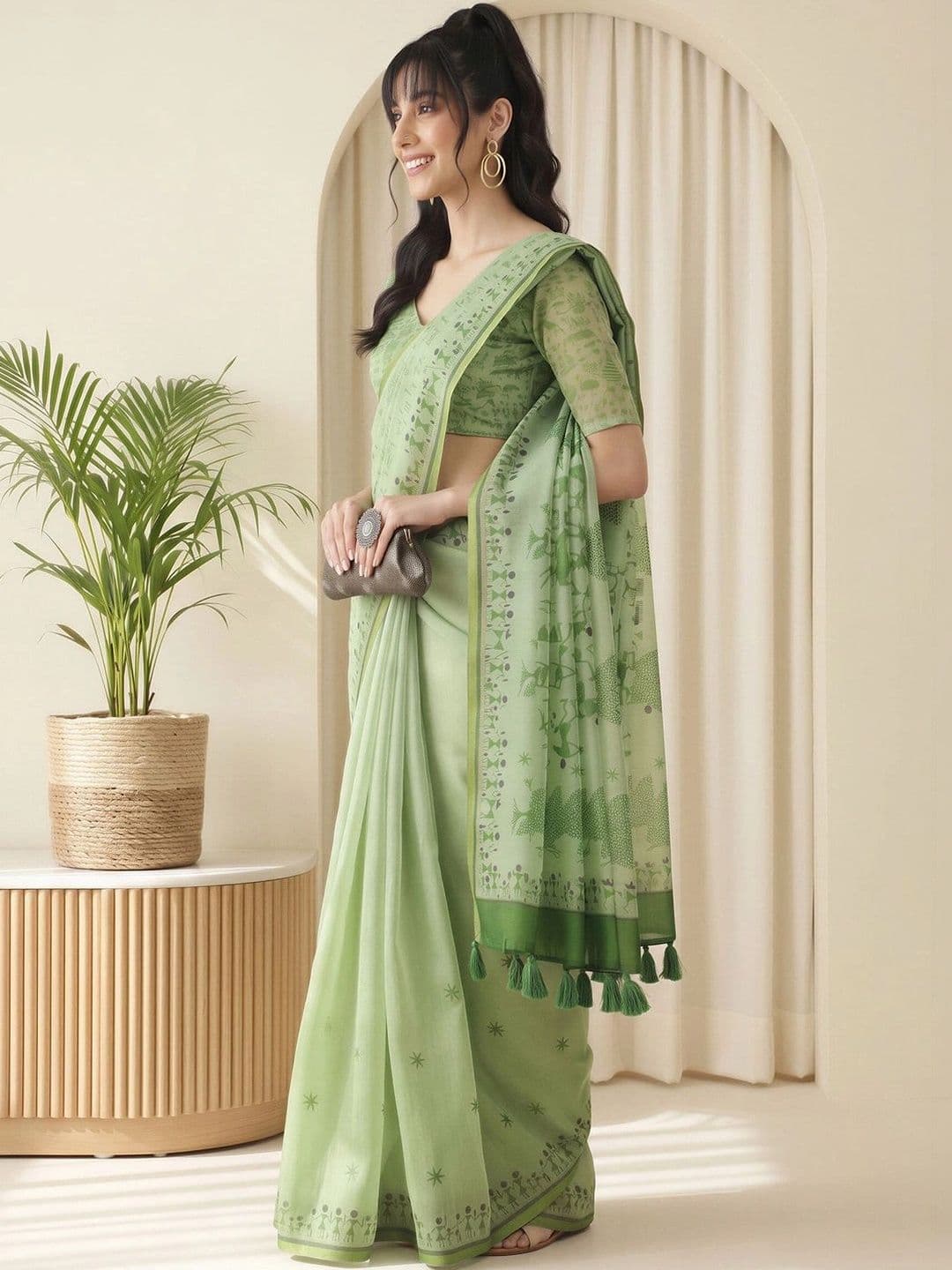 Sangria Warli Linen Blend Designer Block Print Saree thumbnail 5