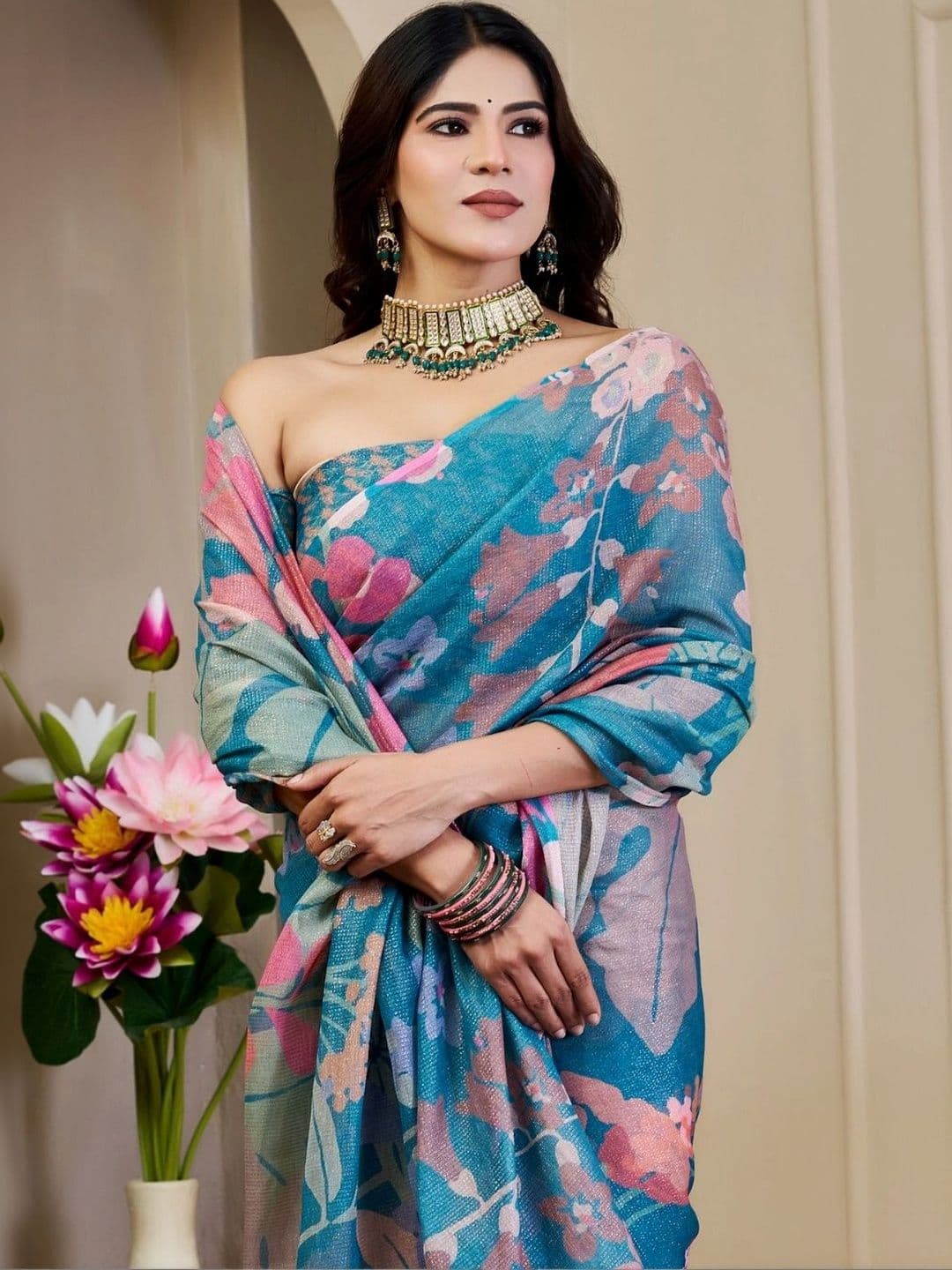 ZAMUNA Floral Tissue Designer Bhagalpuri Saree thumbnail 6