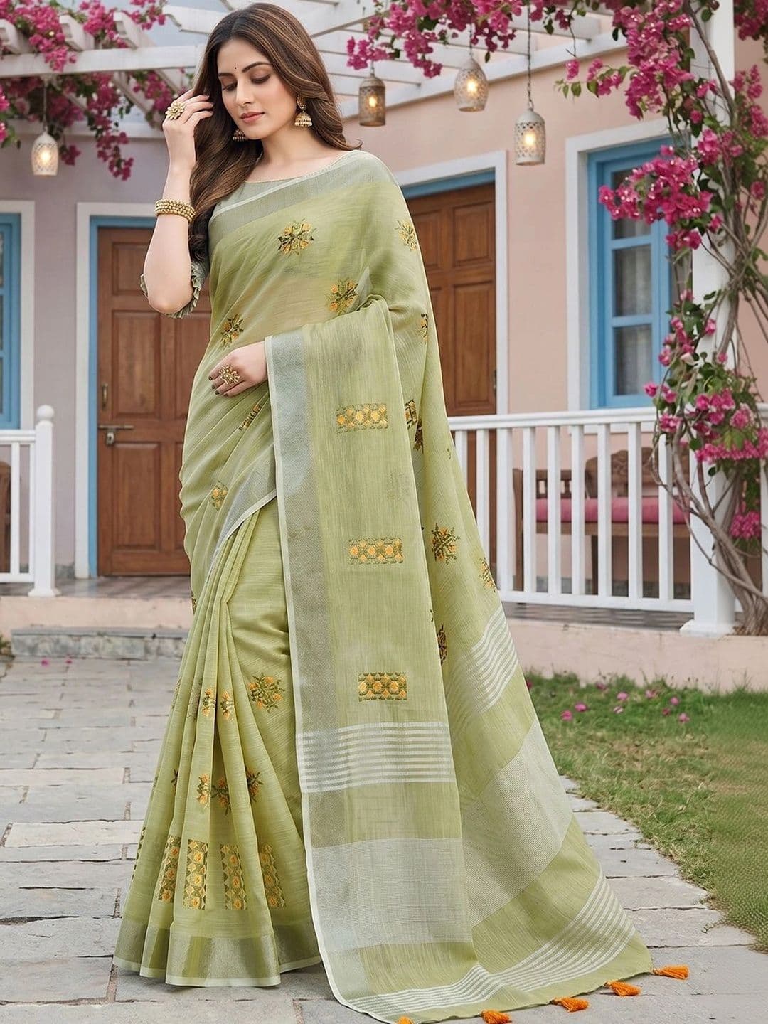 Mitera Woven Design Embroidered Linen Blend Saree thumbnail 3