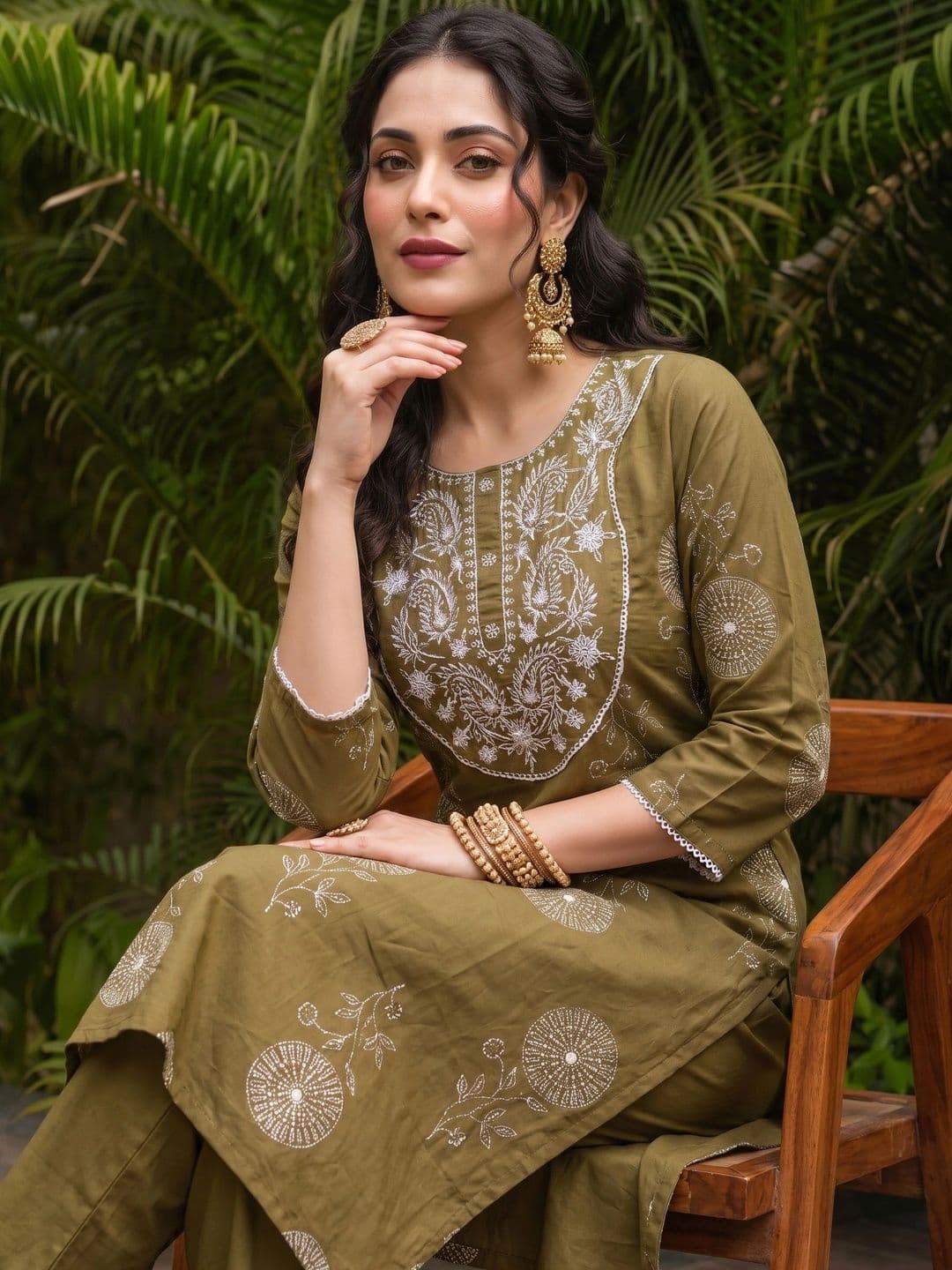 KJFAB Women Ethnic Motifs Embroidered Regular Thread Work Pure Cotton Kurta with Trousers - view 1