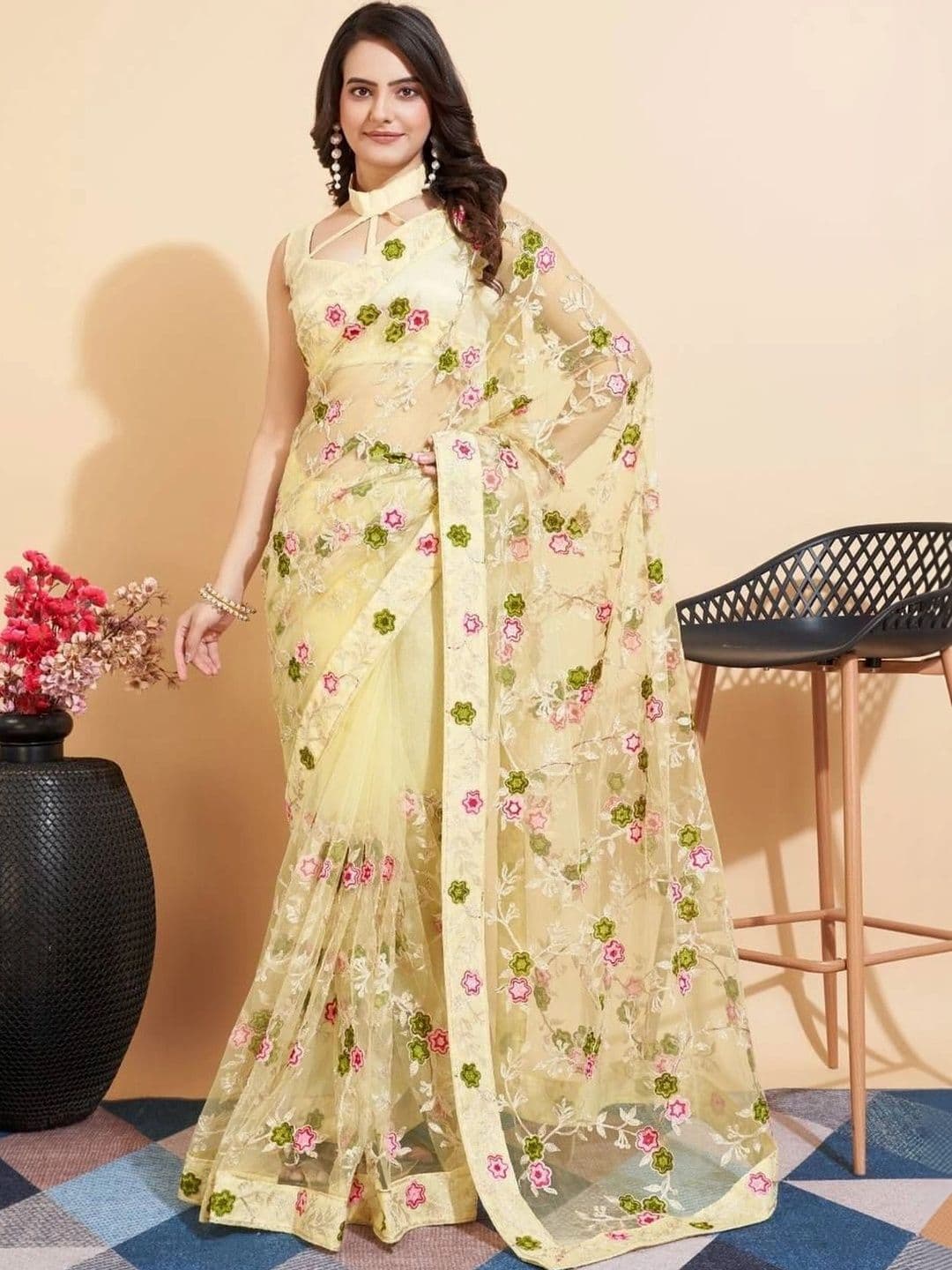 akhodalkrp Floral Embroidered Net Saree - view 1
