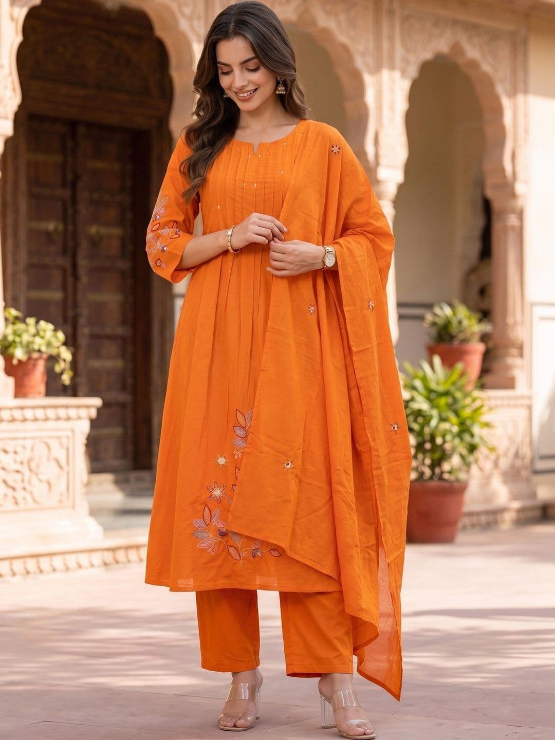Sangria Women Floral Embroidered Regular Pure Cotton Kurta with Harem Pants & With Dupatta thumbnail 4