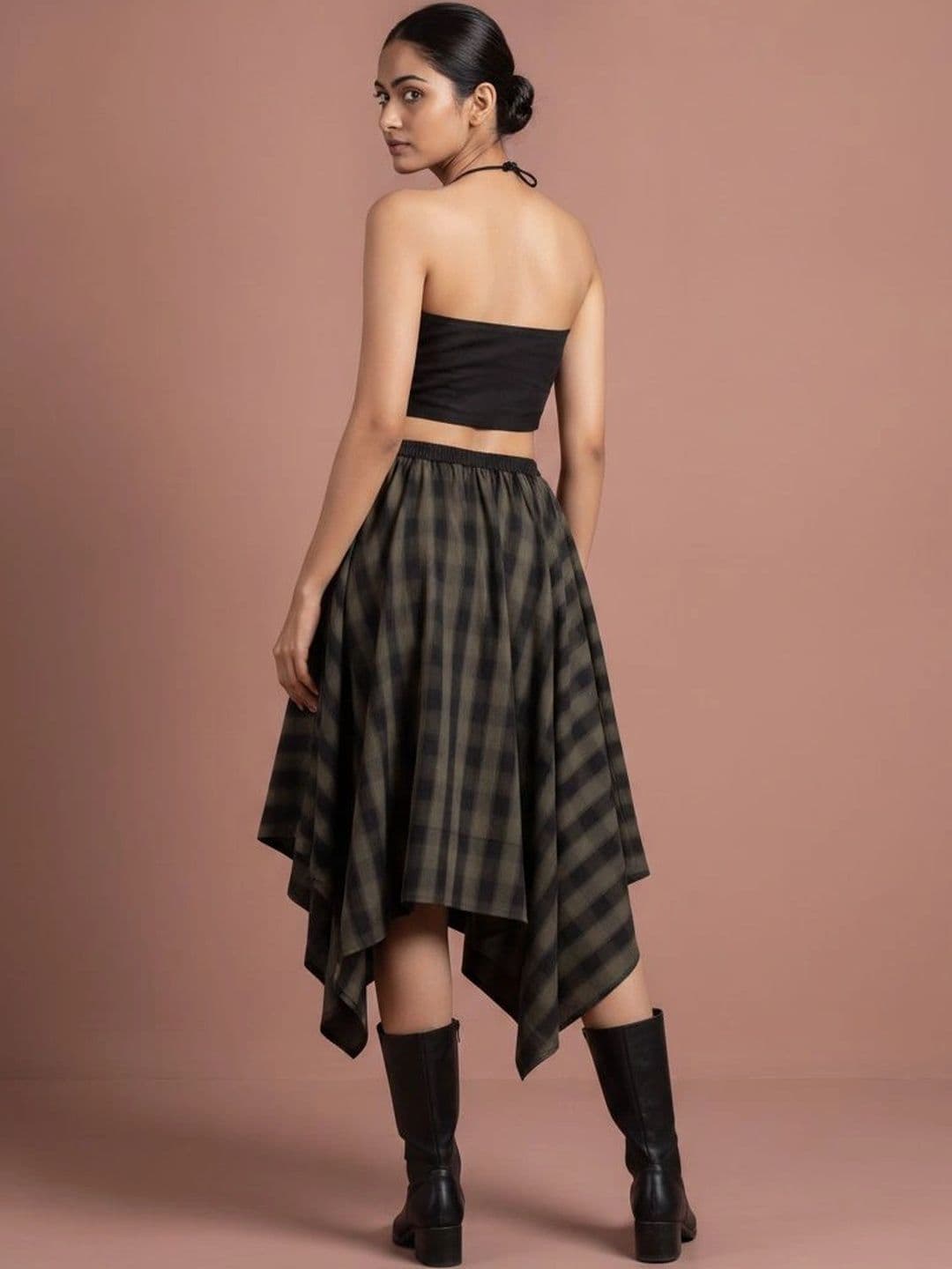 INUKA Women Pure Cotton Checked Summer Checks Midi Flared Skirt thumbnail 5