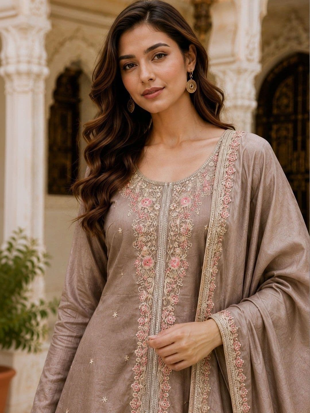 NEEL ETHNICS Women Ethnic Motifs Embroidered Regular Thread Work Pure Silk Kurta with Palazzos & With Dupatta thumbnail 2