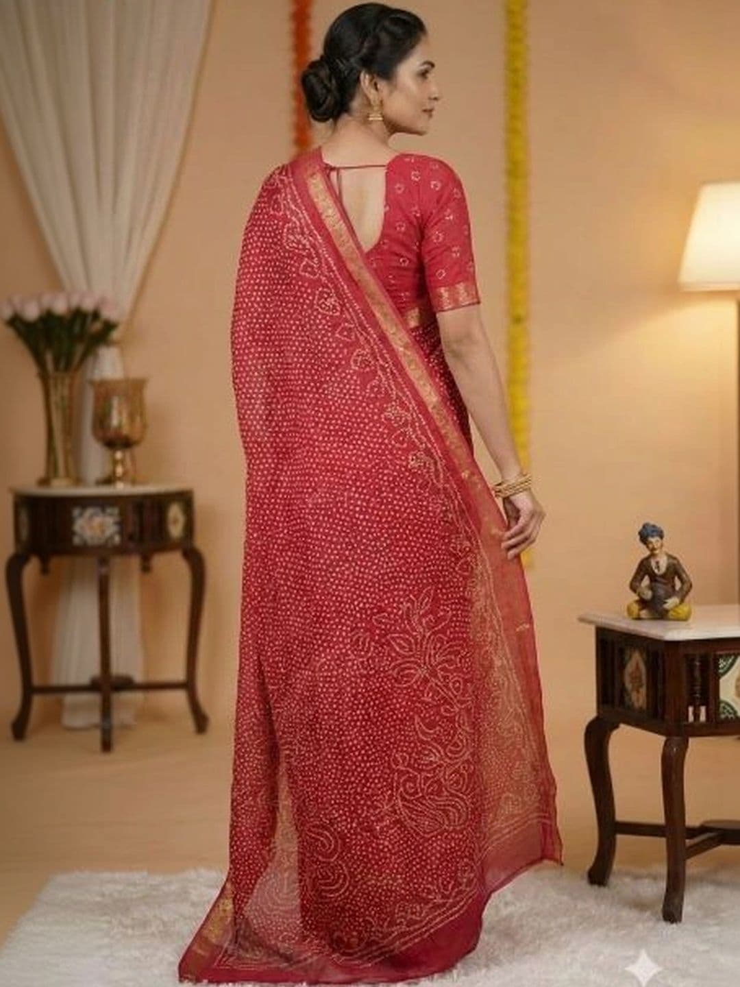 KALINI Bandhani Zari Pure Georgette Fusion Saree thumbnail 5