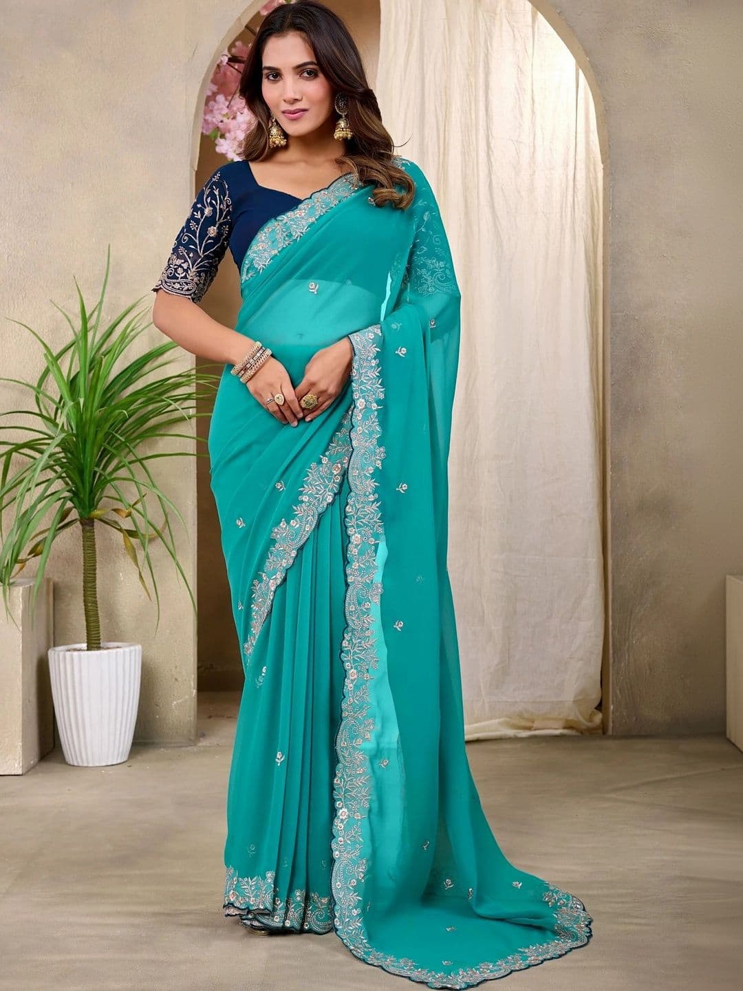 Tradivibe Floral Embroidered Pure Georgette Heavy Work Saree - view 1