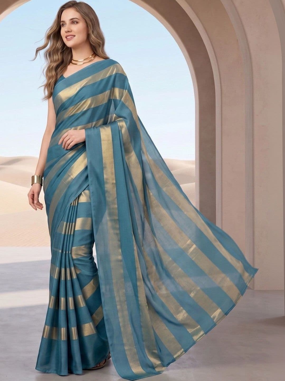 House of Vived Striped Zari Silk Blend Designer Saree thumbnail 6