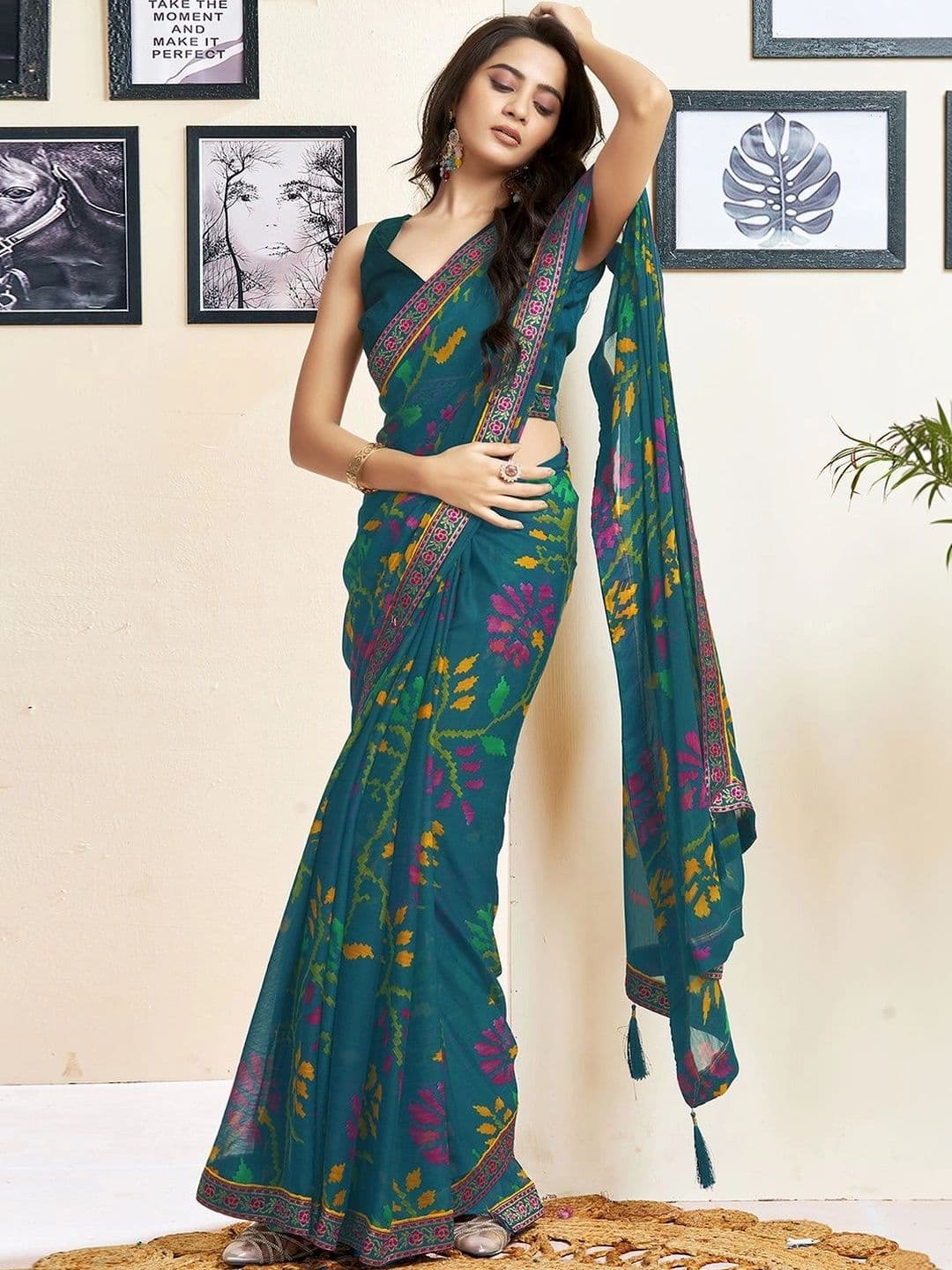 SANISA Floral Pure Chiffon Saree thumbnail 2