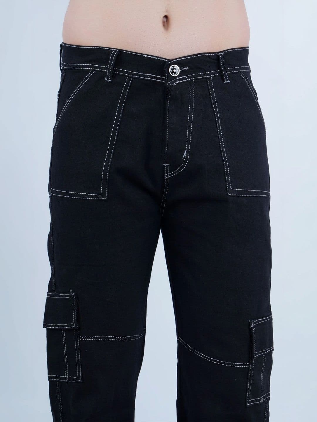 HERE&NOW Men's Jet Black Contrast-Stitched Relaxed Straight Cargo Jeans thumbnail 5