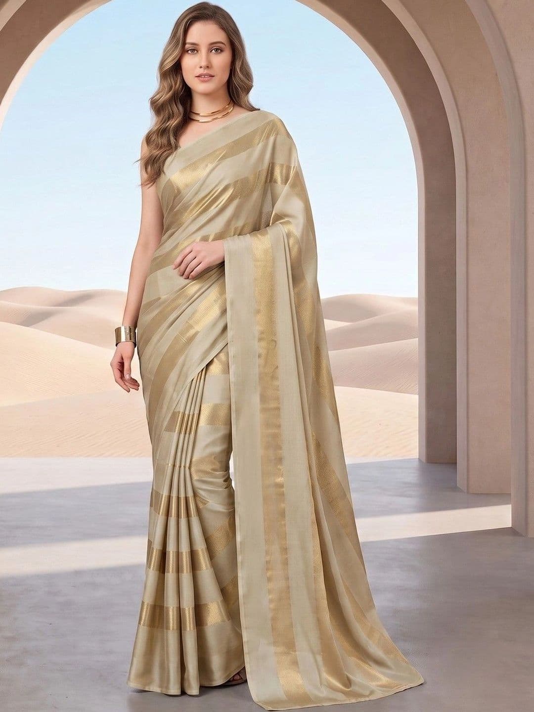 House of Vived Striped Zari Silk Blend Designer Saree thumbnail 2