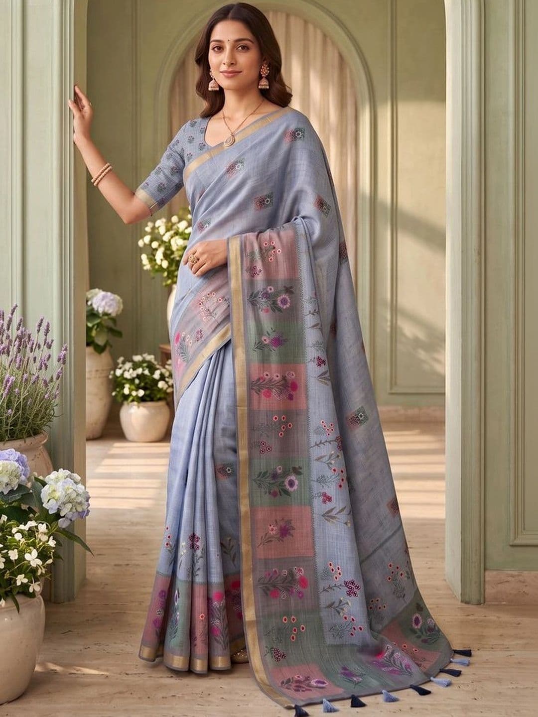 Mitera Floral Linen Blend Tussar Saree thumbnail 5