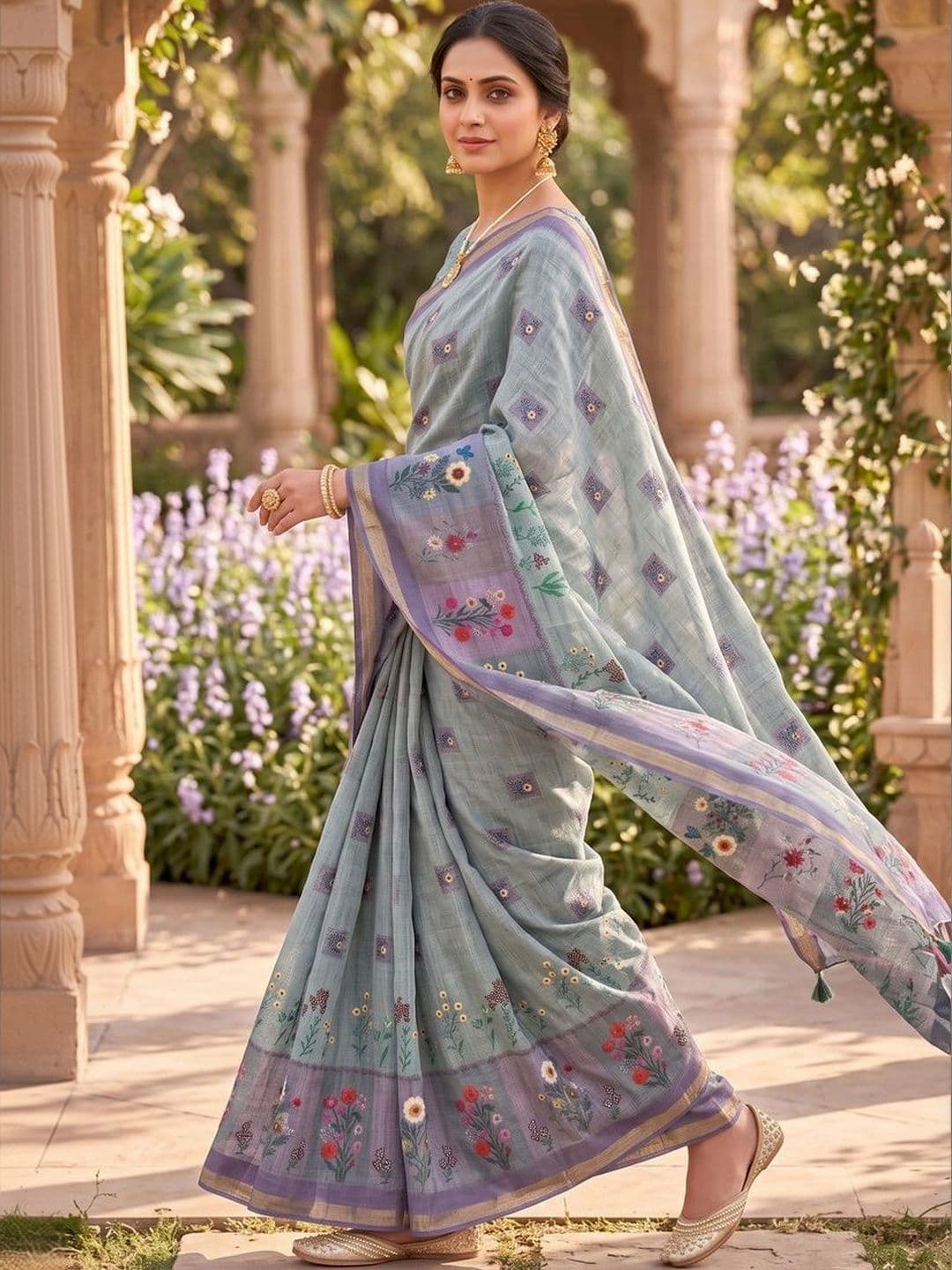 Mitera Floral Linen Blend Tussar Saree thumbnail 5