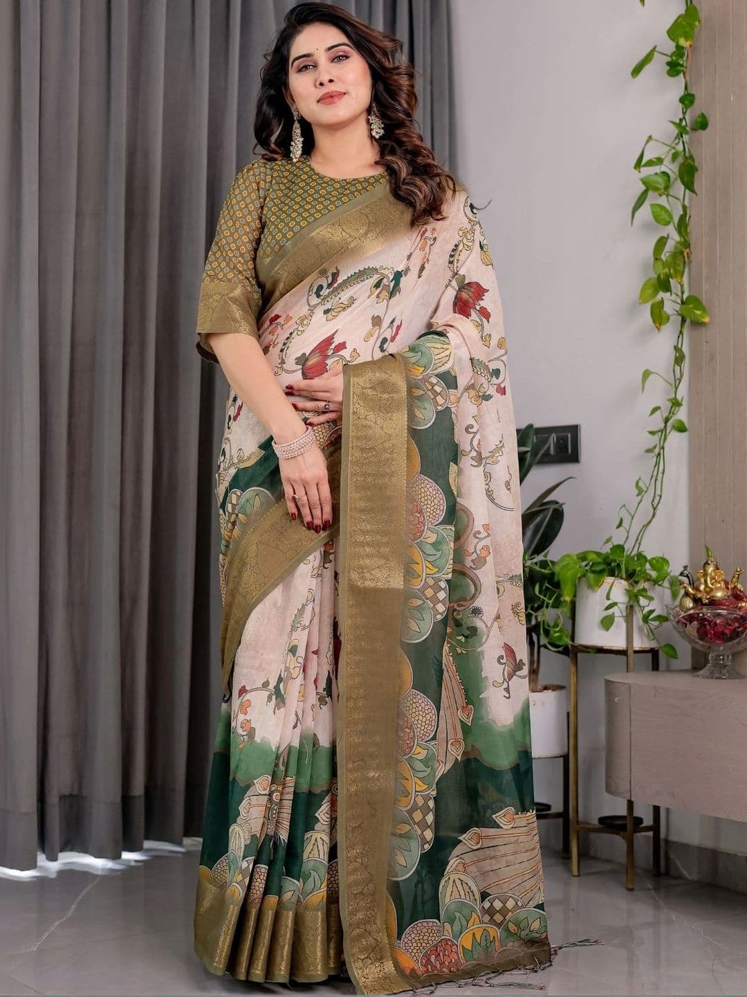 Mitera Kalamkari Zari Silk Blend Designer Saree thumbnail 7
