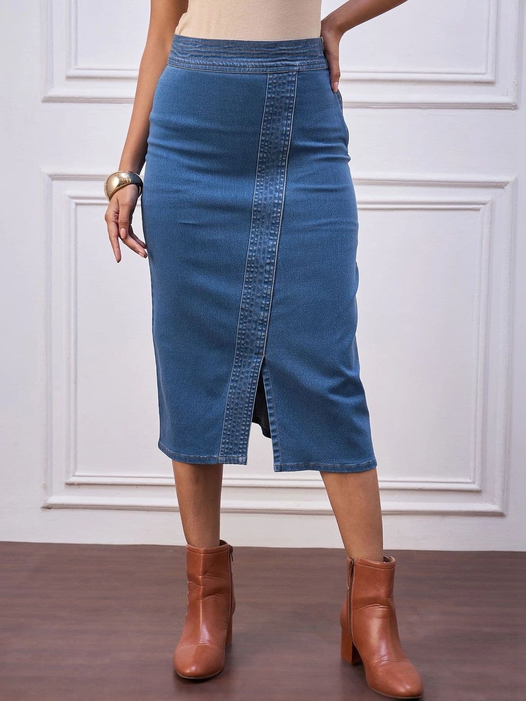 Chemistry Women Denim Front Slit Midi Straight Skirt thumbnail 4