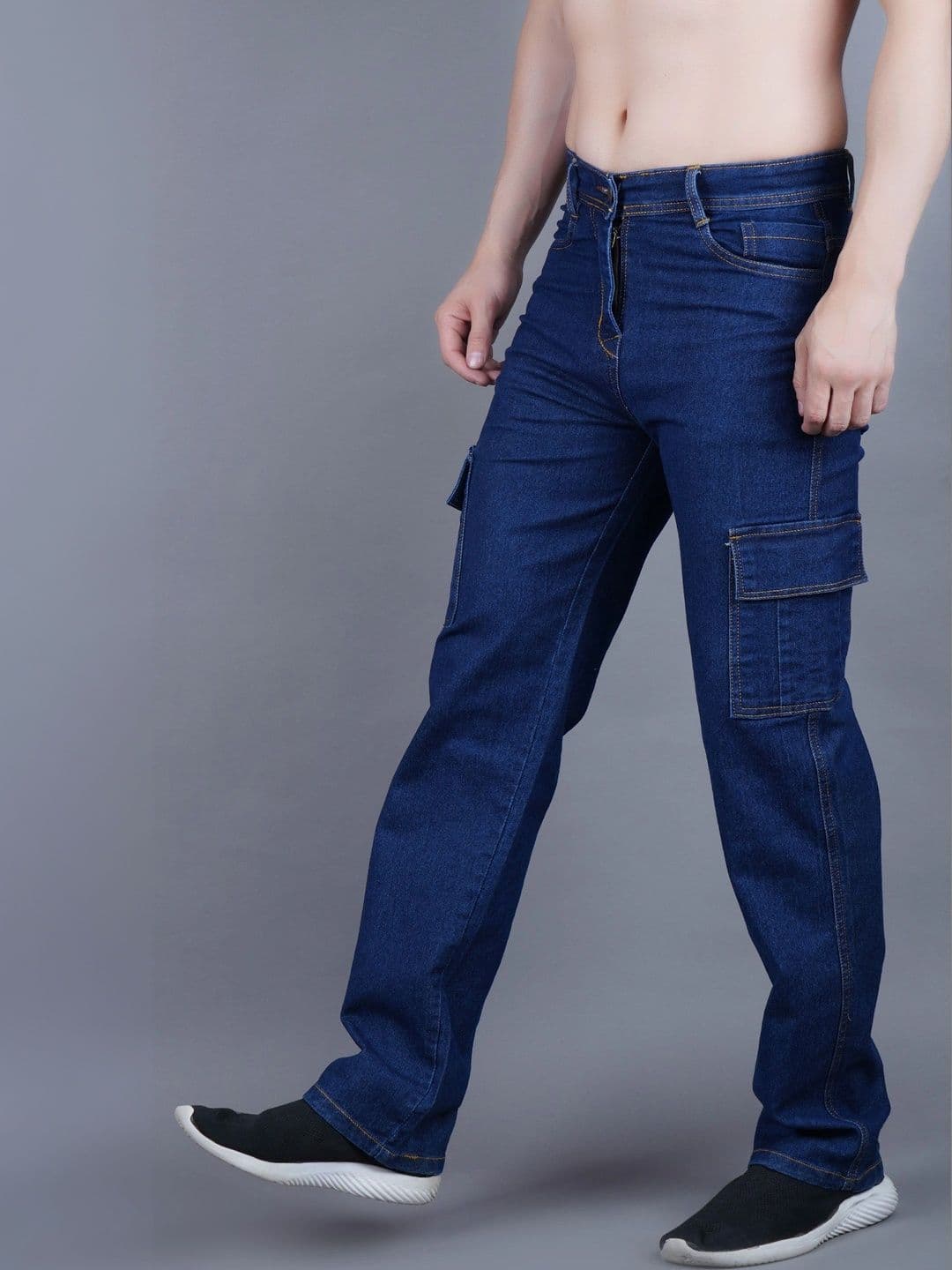 HERE&NOW Men's Dark Wash Denim Contrast-Stitched Cargo Straight-Leg Jeans - view 1
