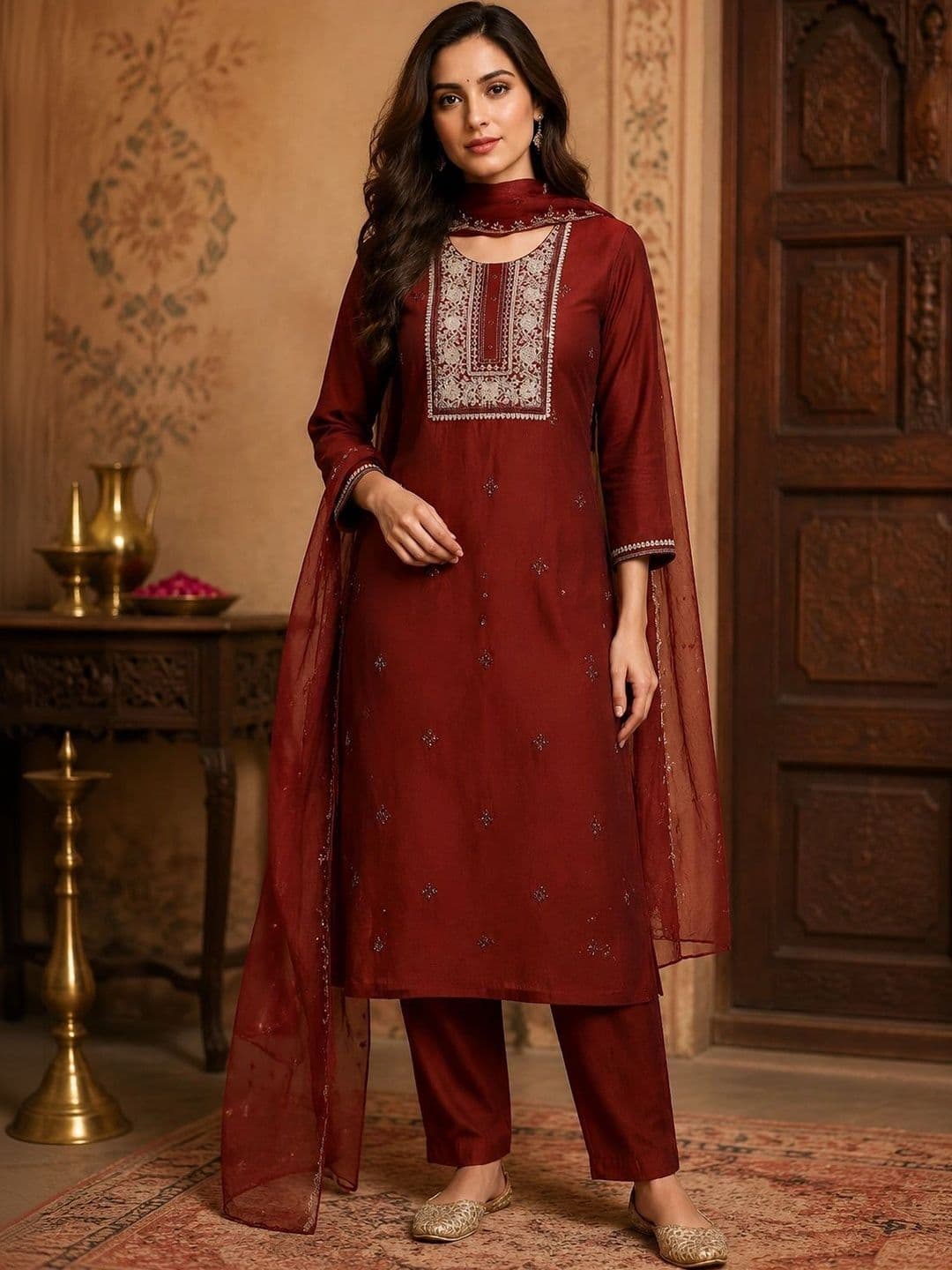 Bunai Women Ethnic Motifs Embroidered Regular Thread Work Kurta with Trousers & With Dupatta - view 1