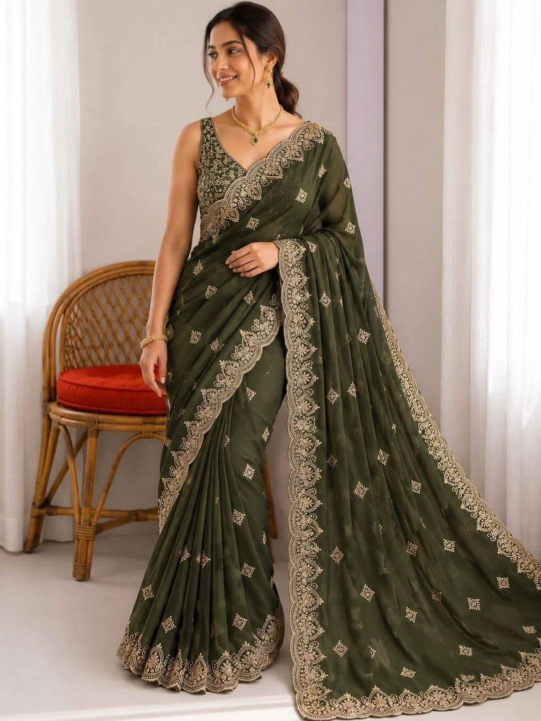 Saanvi Embellished Zari Poly Georgette Saree thumbnail 5