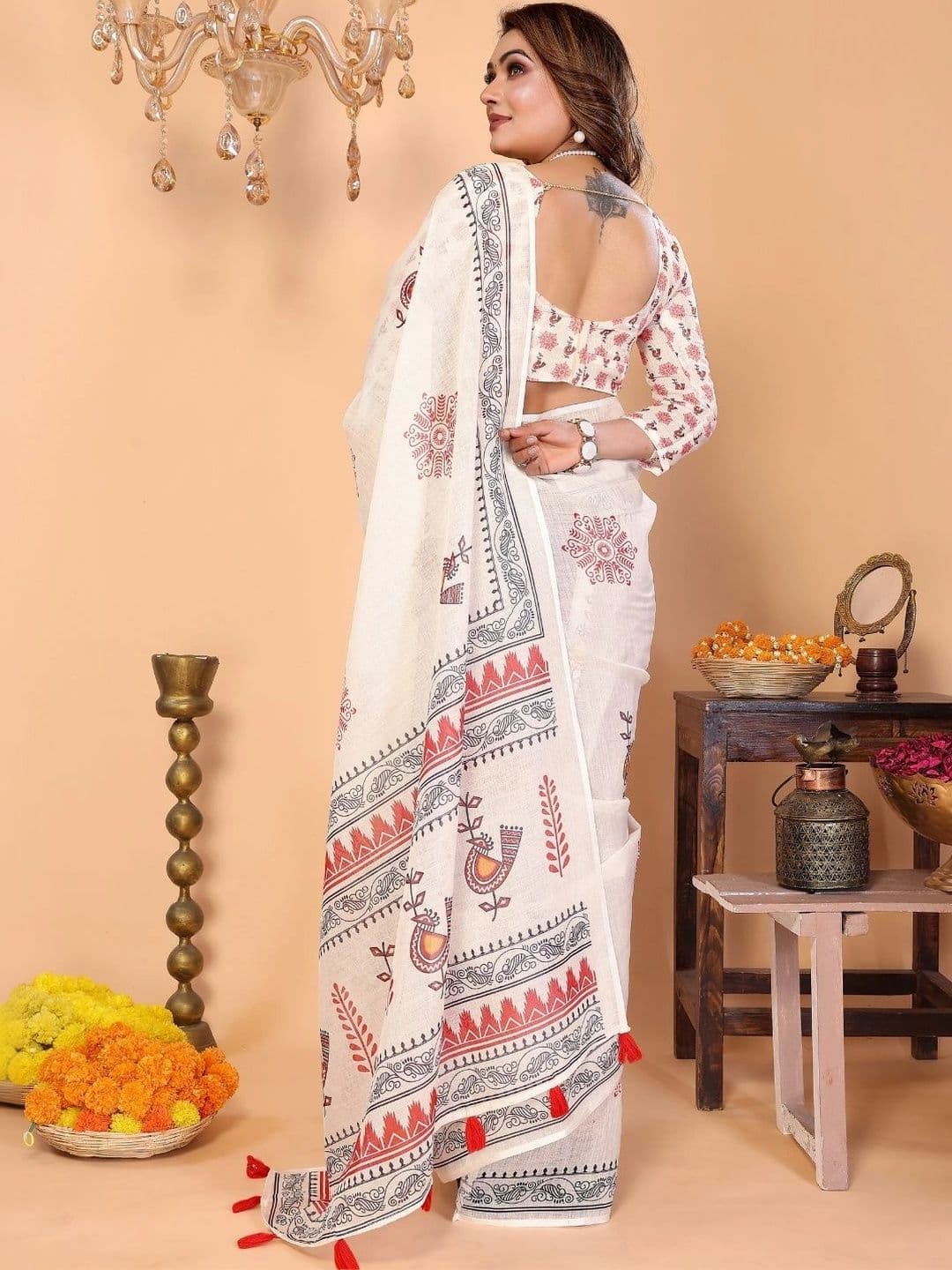 Mitera Warli Linen Blend Designer Saree thumbnail 6