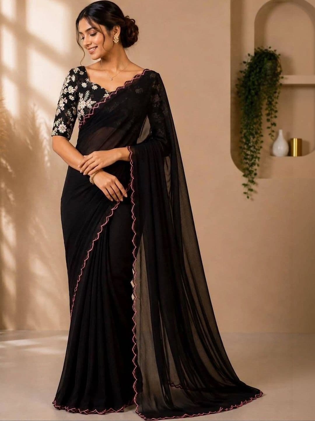 Saanvi Floral Aari Work Poly Georgette Saree - view 1