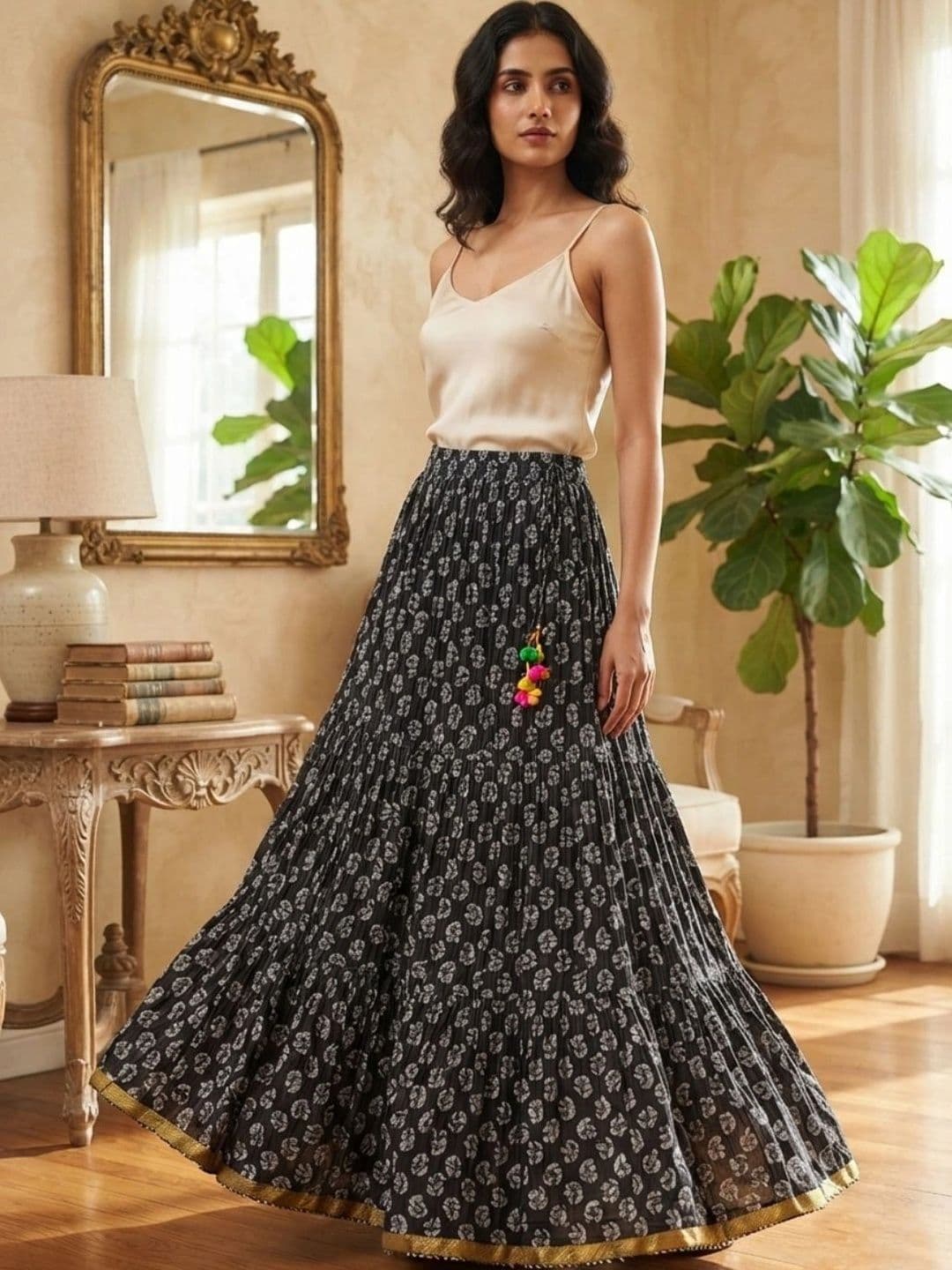 Pallakriti Fabrics Women Pure Cotton Blend Cotton Cambric Floral Maxi Flared Skirt - view 1