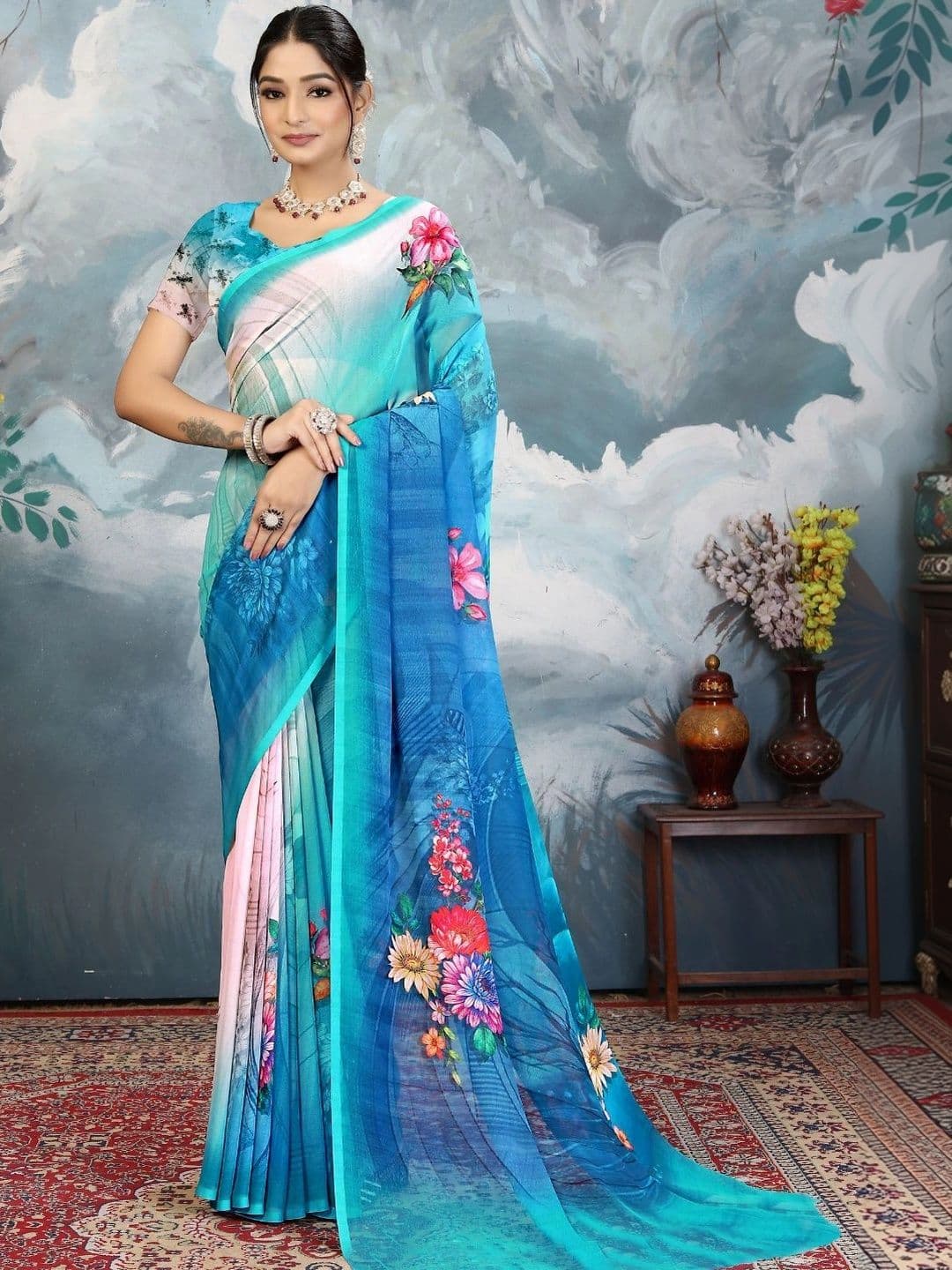 Mitera Floral Pure Georgette Designer Saree - view 1