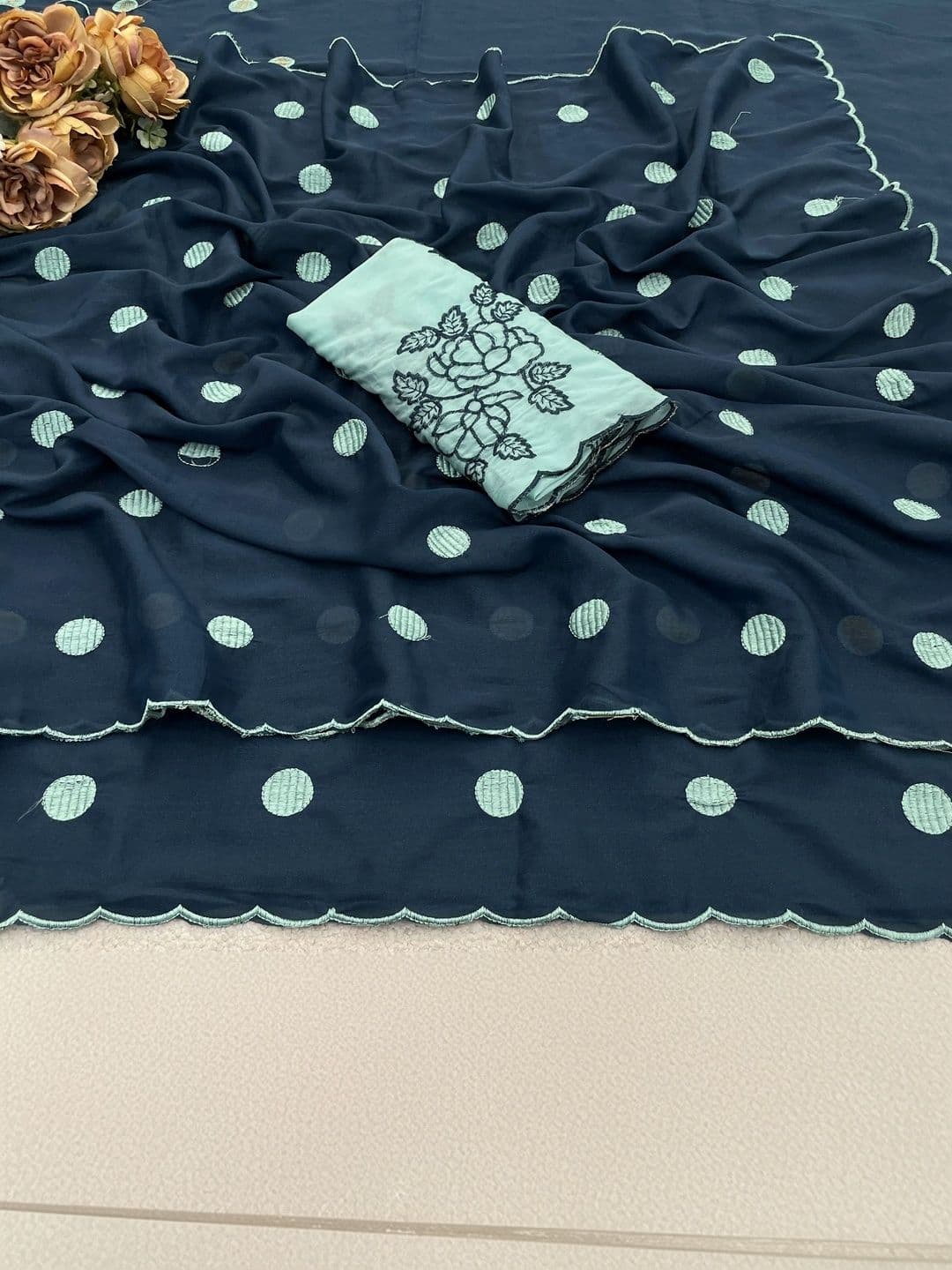 Saanvi Polka Dot Embroidered Poly Georgette Saree thumbnail 4