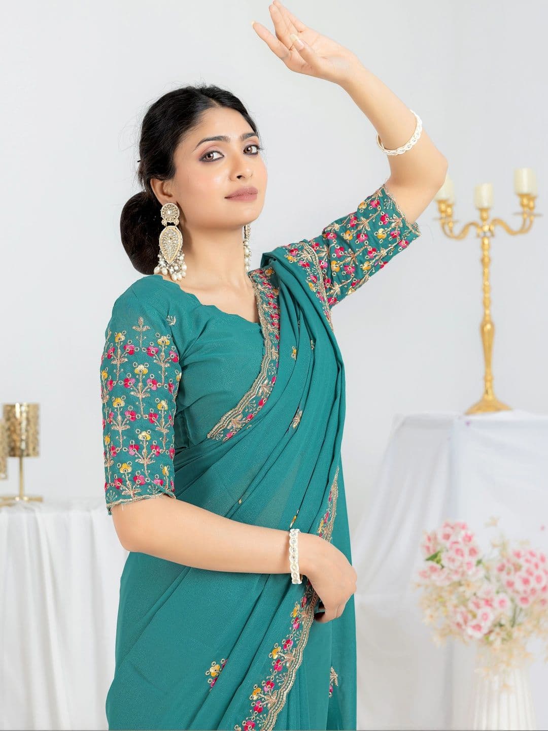LabelVASTRA Floral Embroidered Poly Georgette Saree thumbnail 4