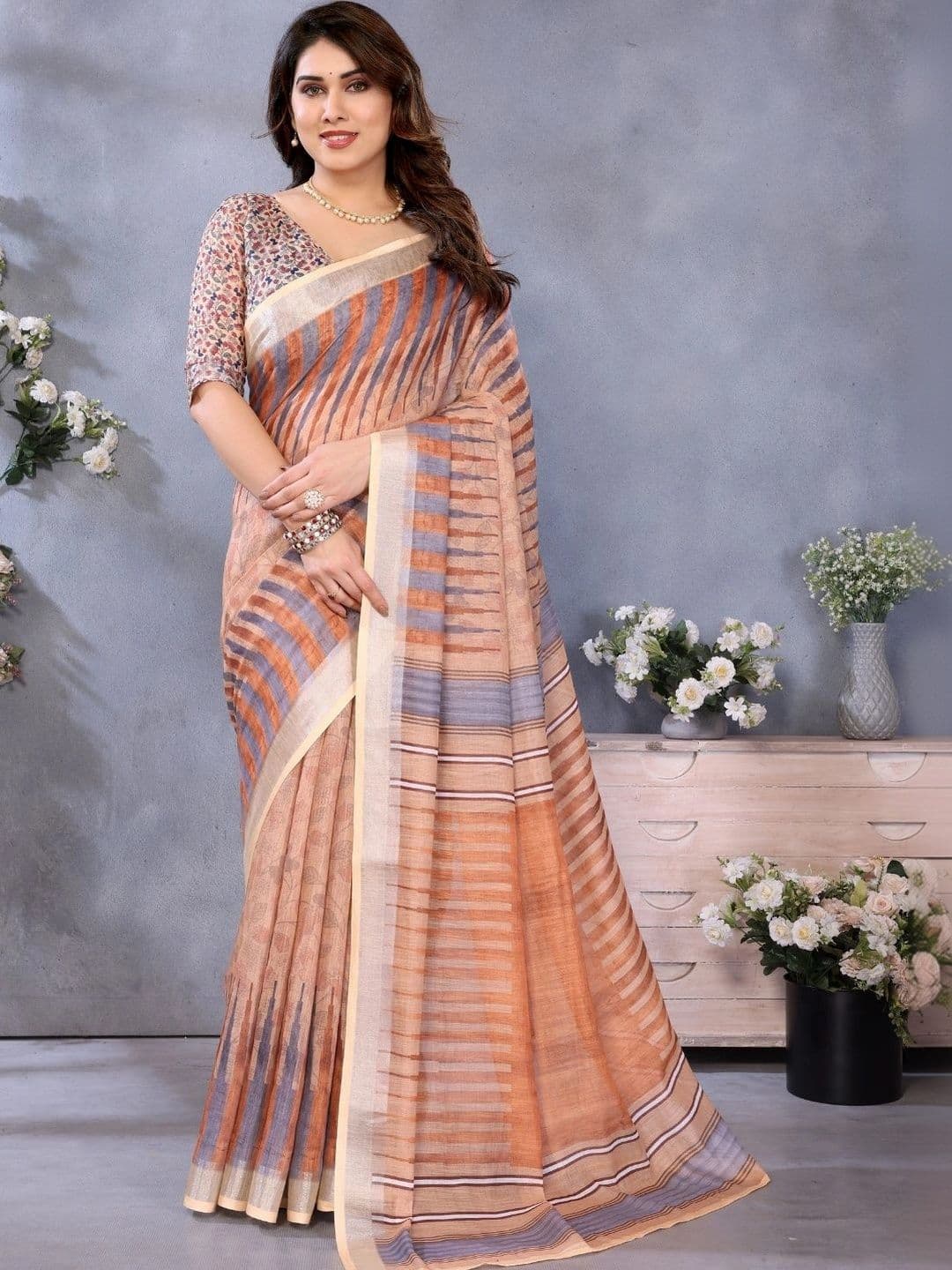 Mitera Striped Linen Blend Designer Saree thumbnail 6