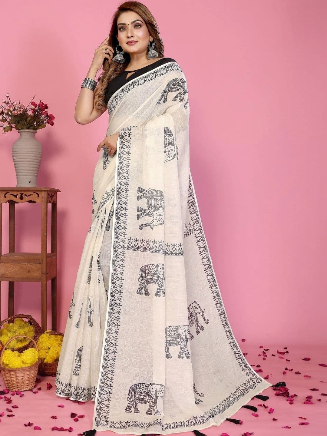 Mitera Warli Linen Blend Designer Saree thumbnail 2