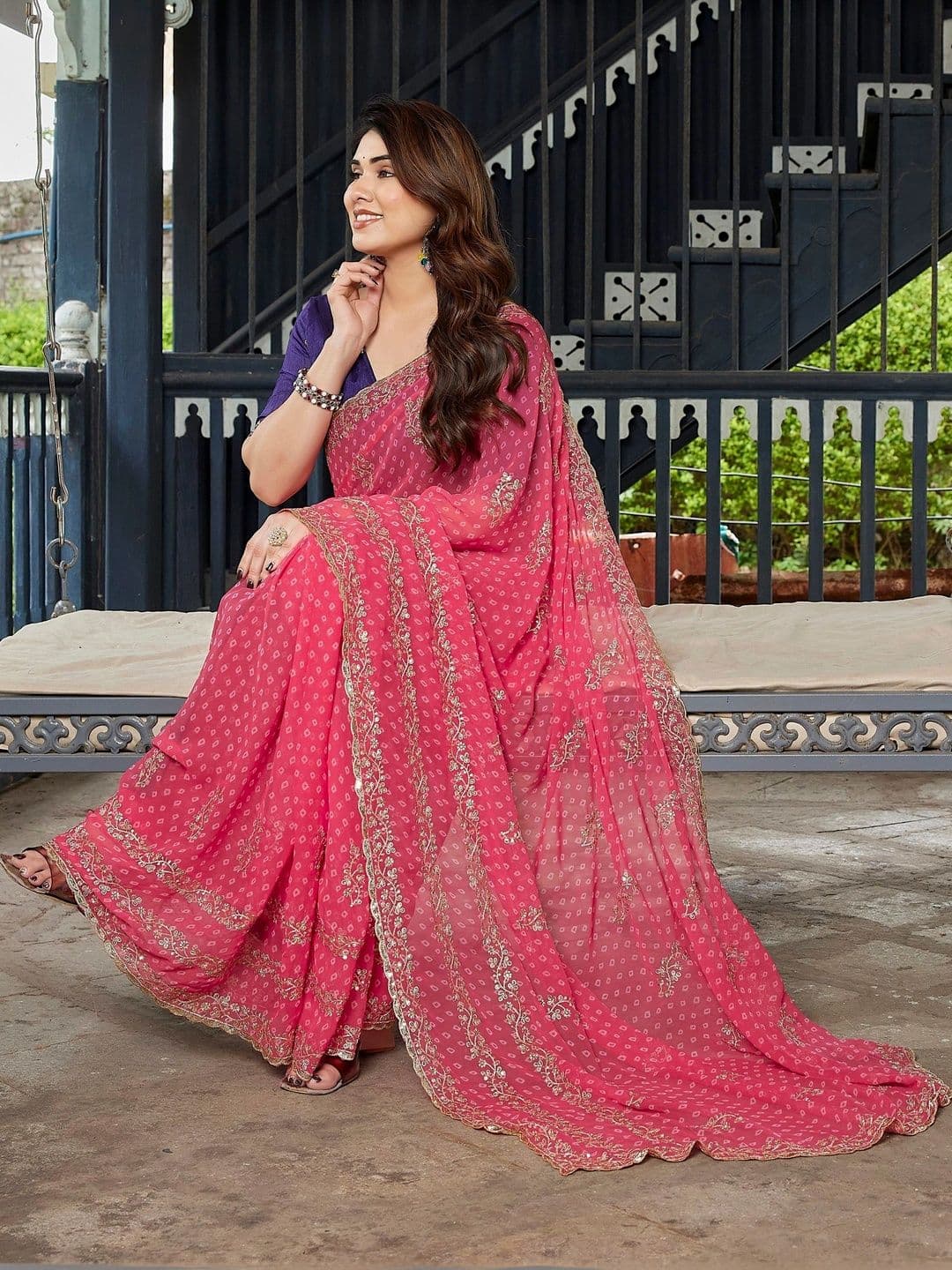 Mitera Bandhani Embroidered Pure Georgette Designer Saree thumbnail 6