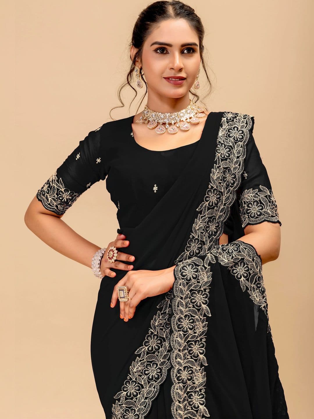 Saanvi Floral Embroidered Poly Georgette Saree thumbnail 2