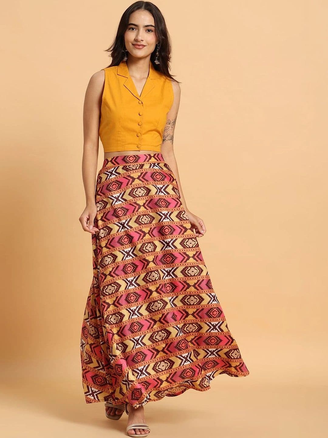 Frolic Rolic Women Geometric Tribal or Aztec Print Maxi Flared Skirt thumbnail 2