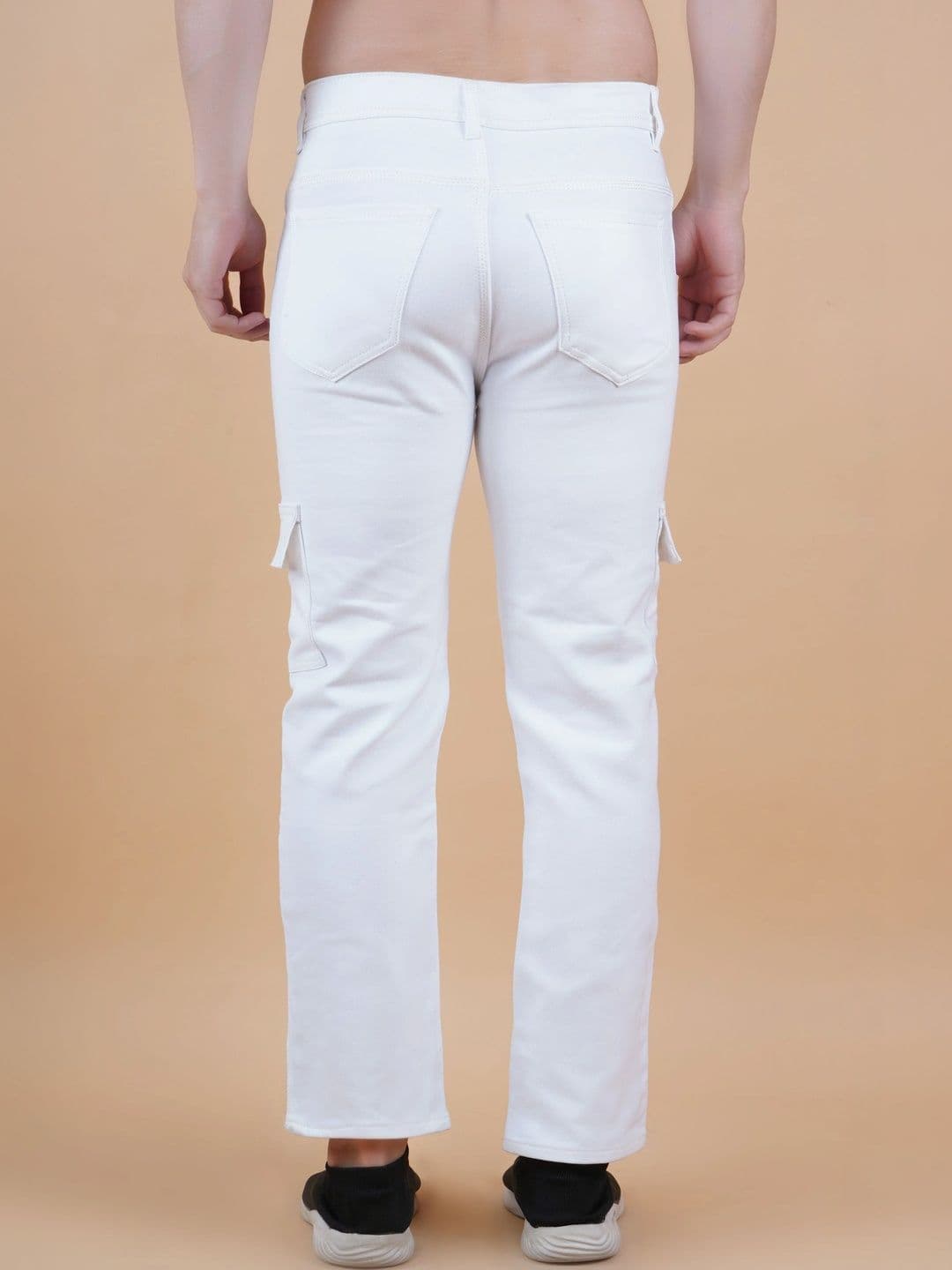 HERE&NOW Men's White Mid-Rise Clean Look Stretch Cargo Straight Fit Jeans thumbnail 4