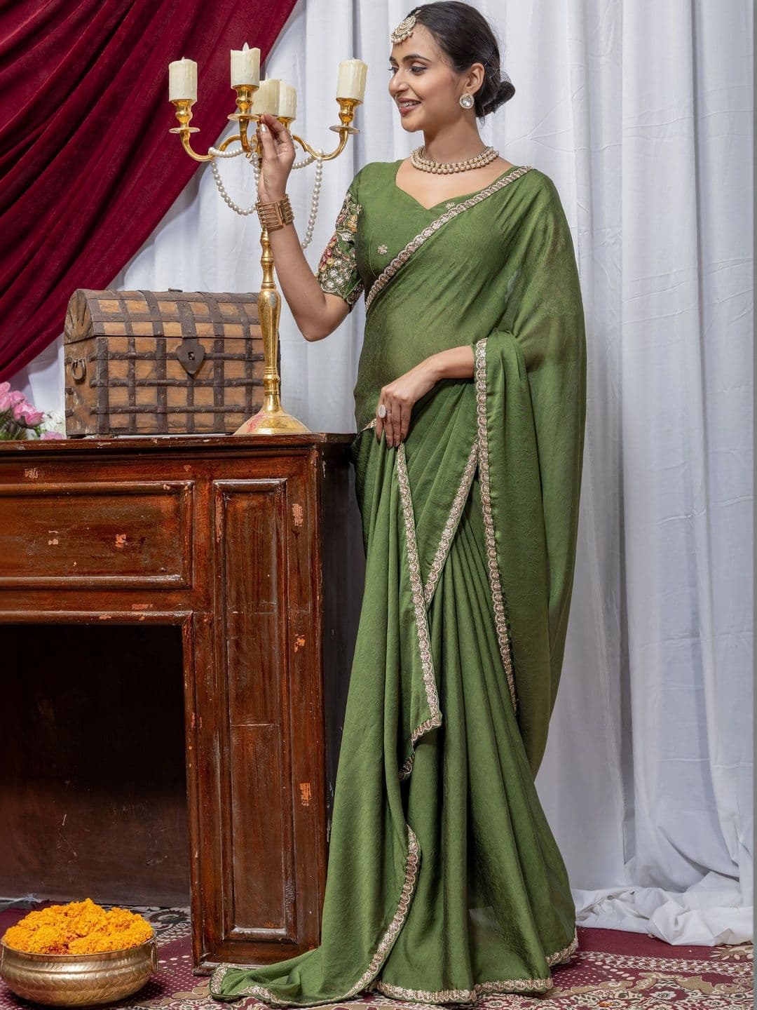 Vastra Drape Embellished Embroidered Poly Georgette Saree - view 1