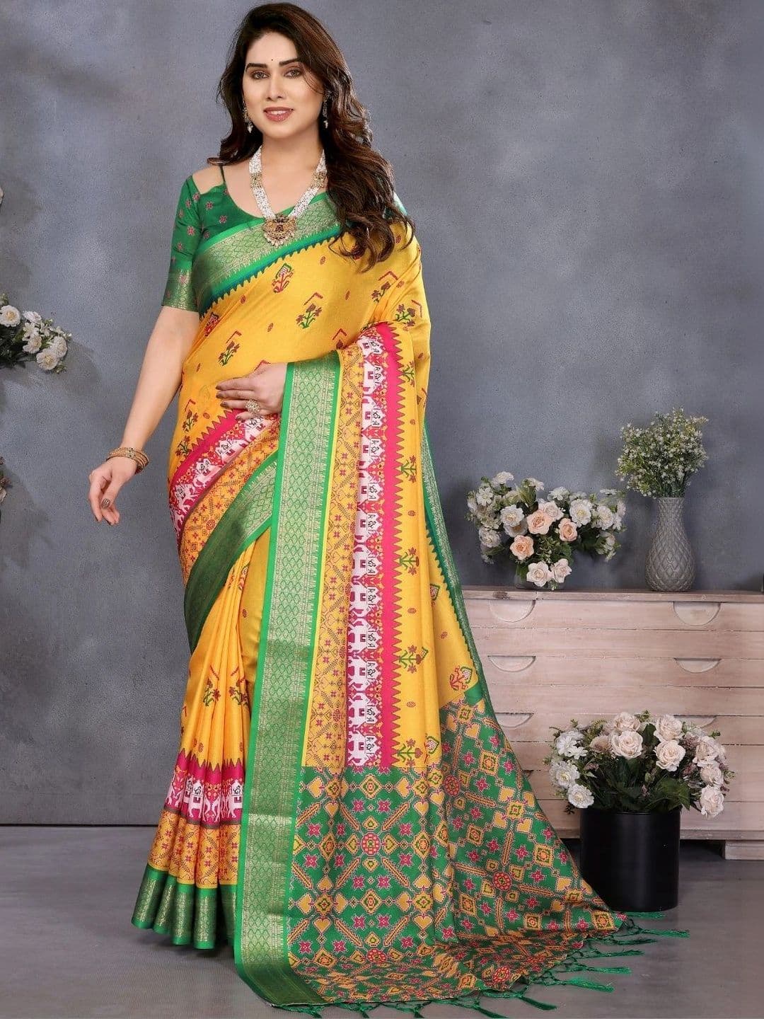 Mitera Floral Zari Linen Blend Designer Saree - view 1