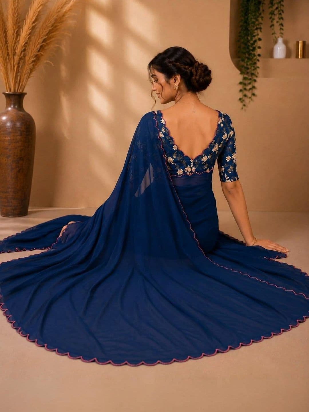 Vastra Drape Floral Embroidered Poly Georgette Saree thumbnail 2