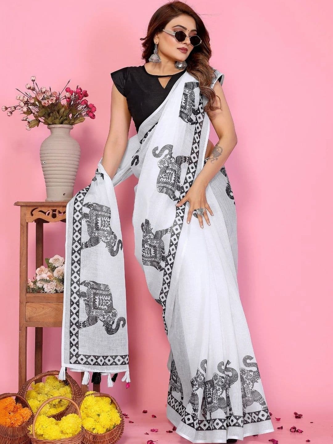 Mitera Warli Linen Blend Designer Saree thumbnail 2