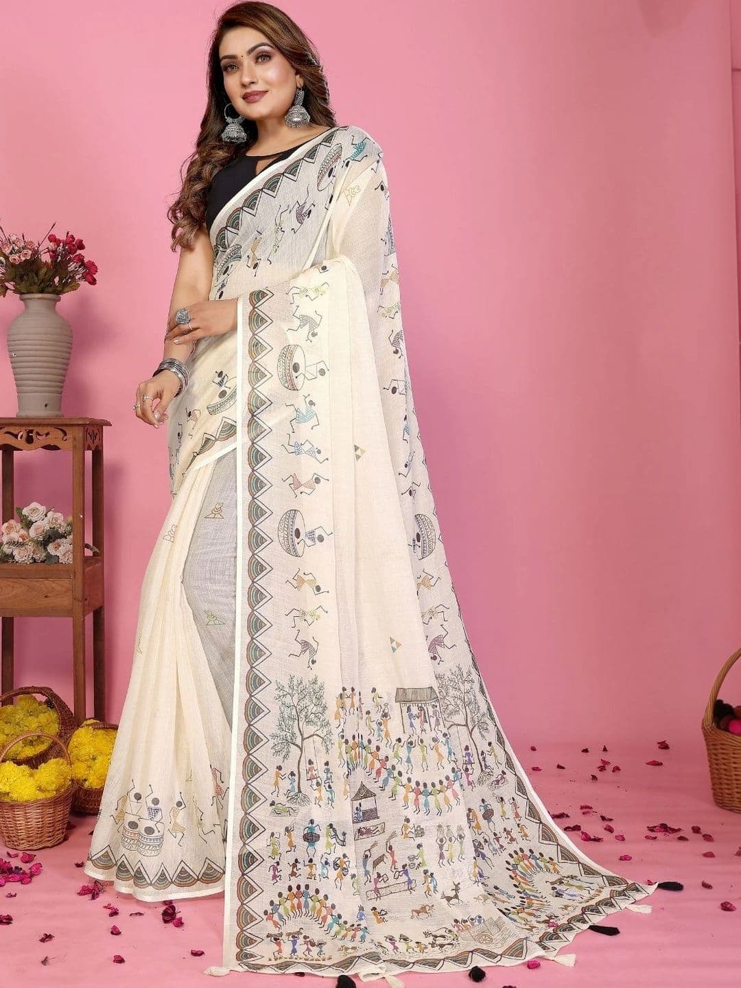 Mitera Warli Linen Blend Designer Saree thumbnail 6