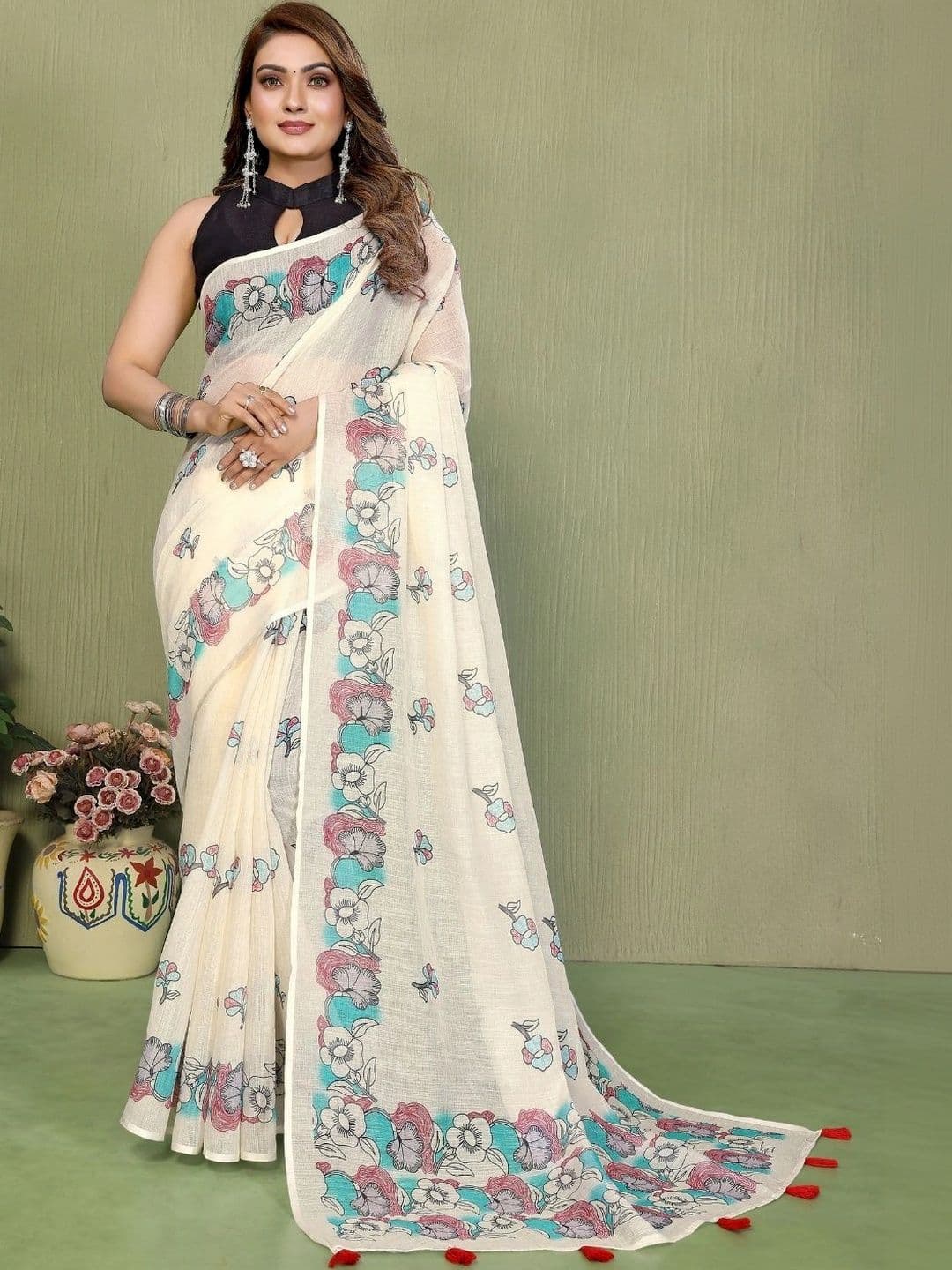 Mitera Floral Linen Blend Designer Saree - view 1