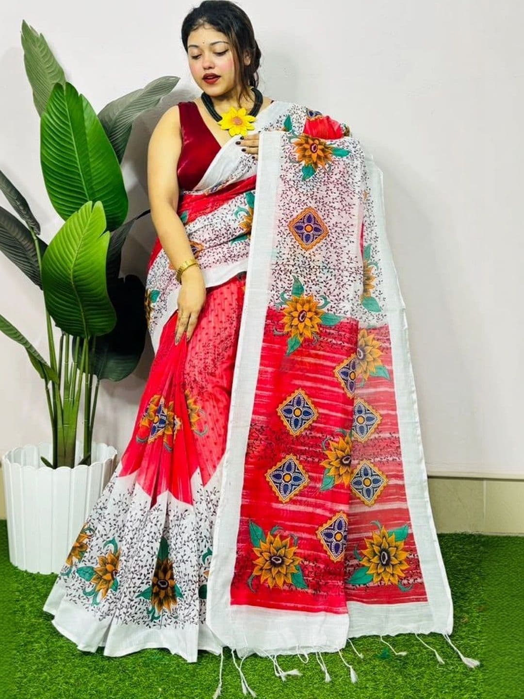 KALINI Floral Pure Cotton Khadi Saree - view 1