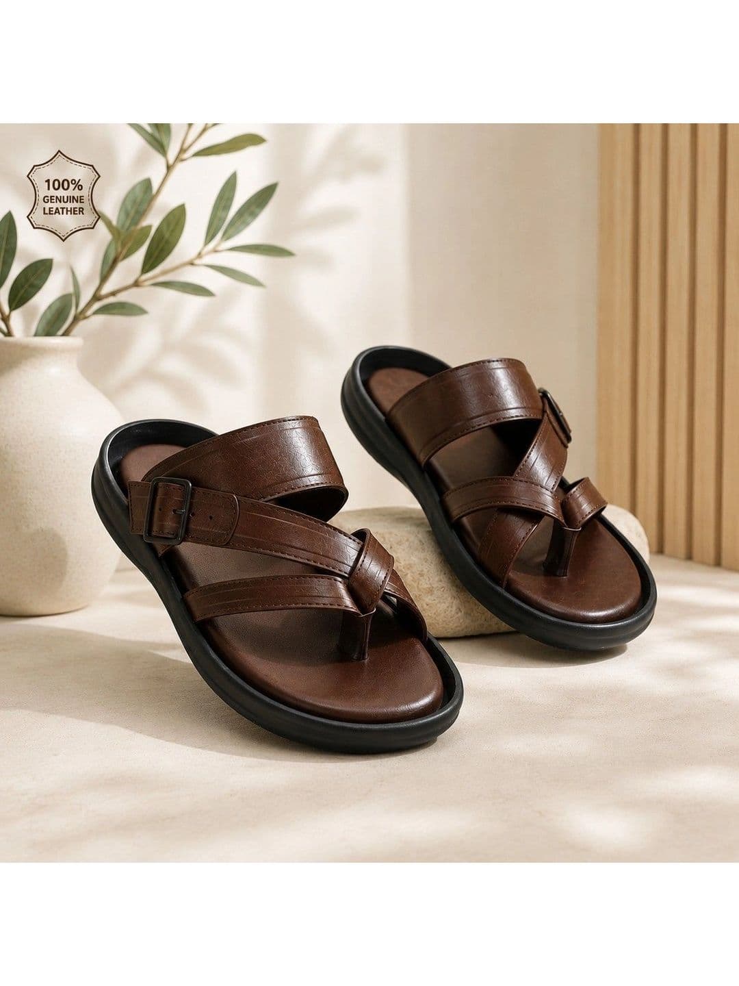 REAL BLISS Men Comfort Textured Toe Ring Genuine Leather Slippers thumbnail 2
