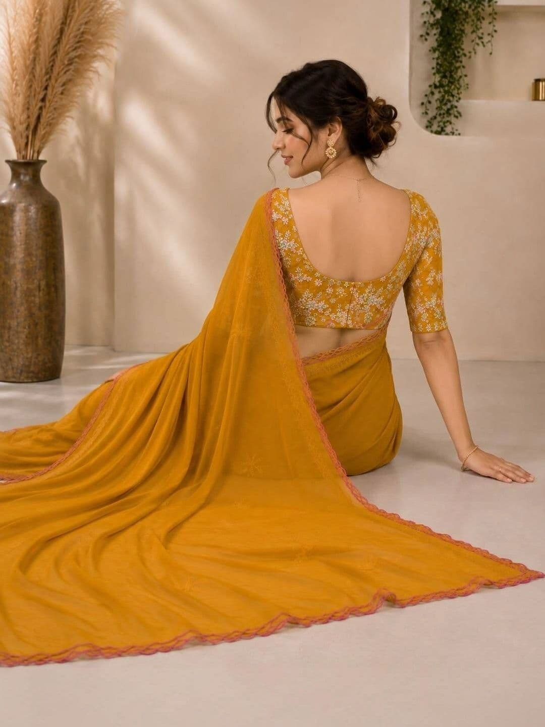 LabelVASTRA Floral Embroidered Poly Georgette Saree thumbnail 4