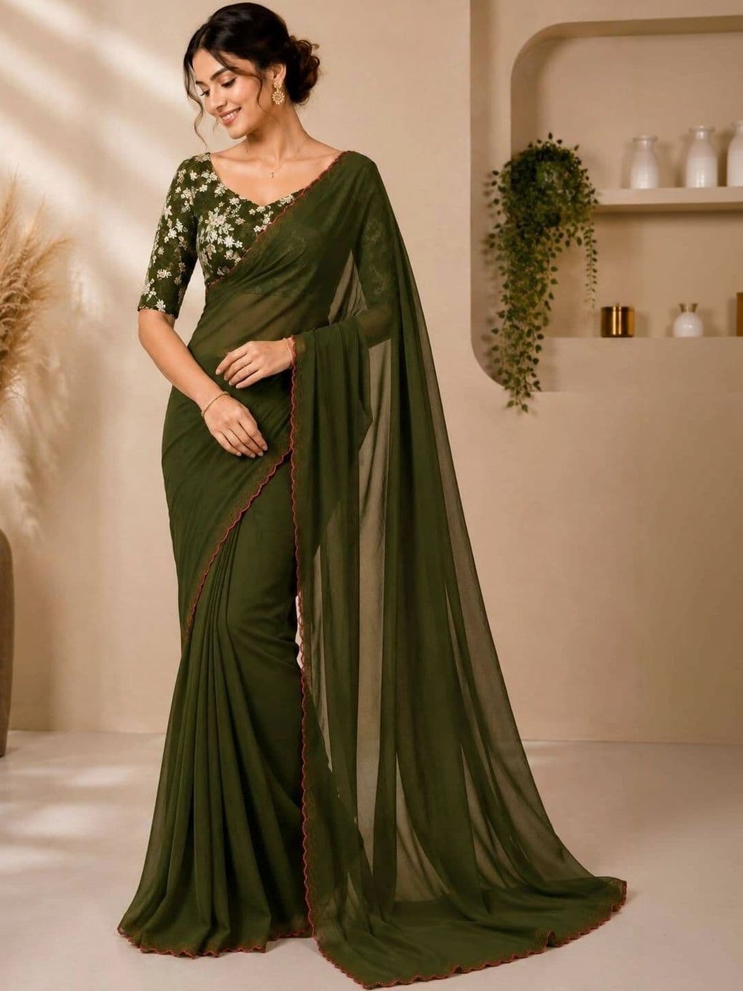 Vastra Drape Floral Embroidered Poly Georgette Saree - view 1