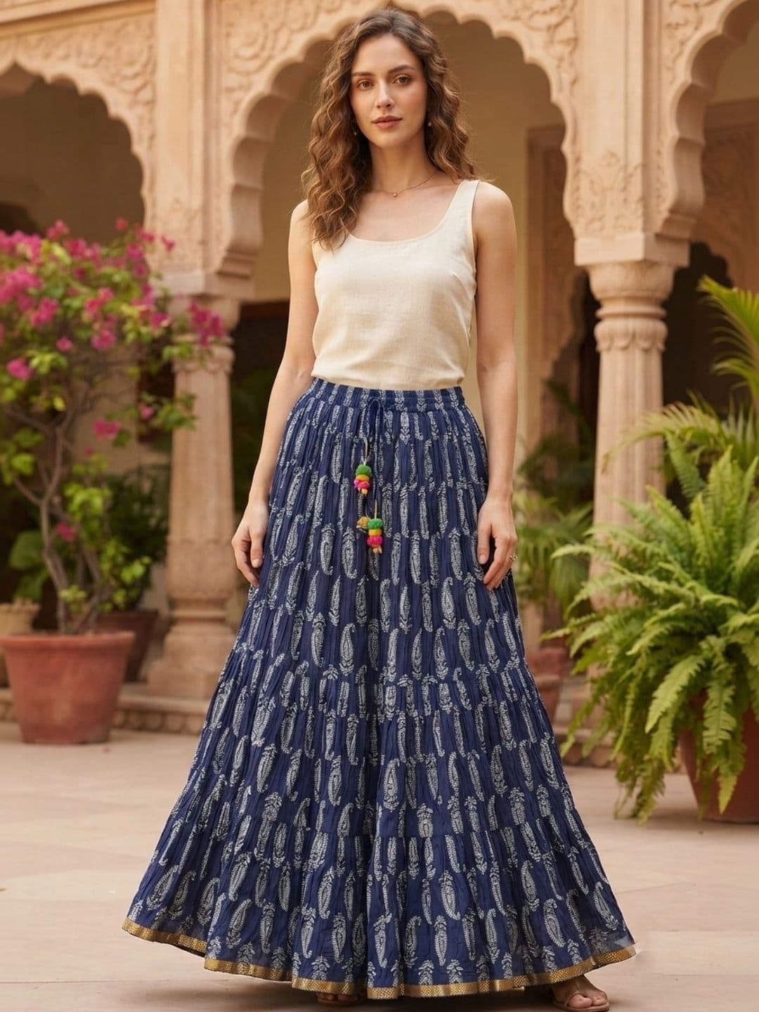 Pallakriti Fabrics Women Pure Cotton Blend Cotton Cambric Paisley Bohemian Maxi Flared Skirt - view 1